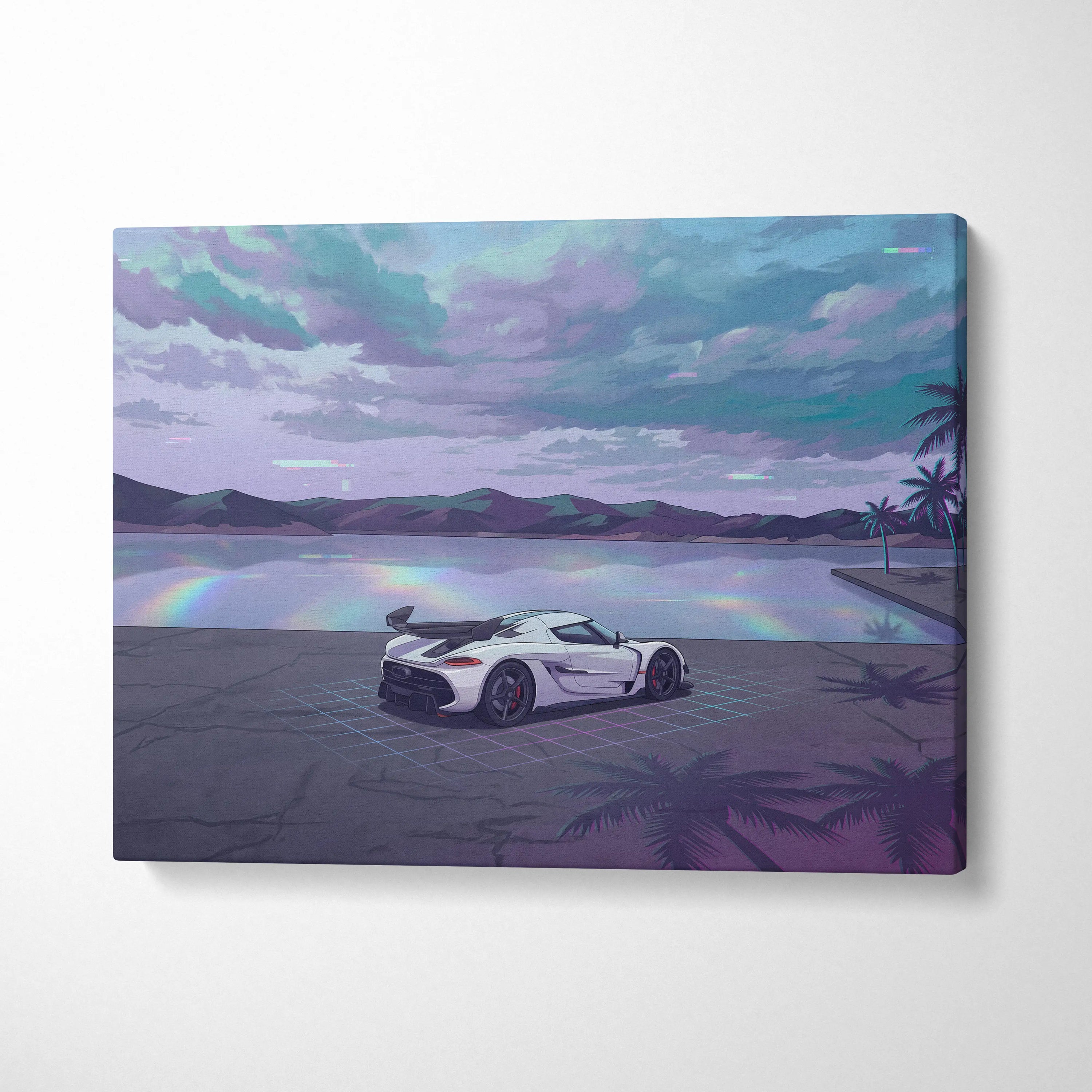 Koenigsegg Jesko Inspired White Teal Lake Canvas Wall Art Vaporwave Hypercar Artwork, Neon Grid Coastal Garage Decor Retro Futuristic Print