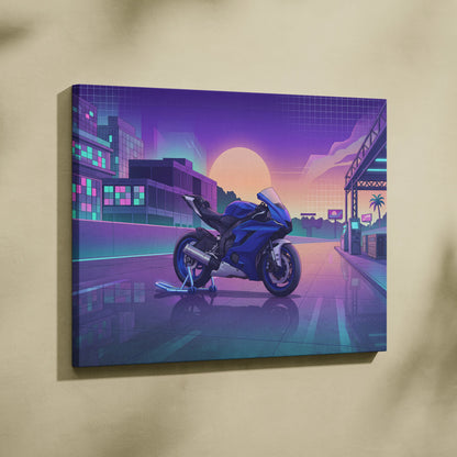 Yamaha YZF-R6 Inspired Blue Purple Motorcycle Canvas Wall Art Vaporwave Sunset Sportbike Garage Decor Retro Futuristic Racing Artwork