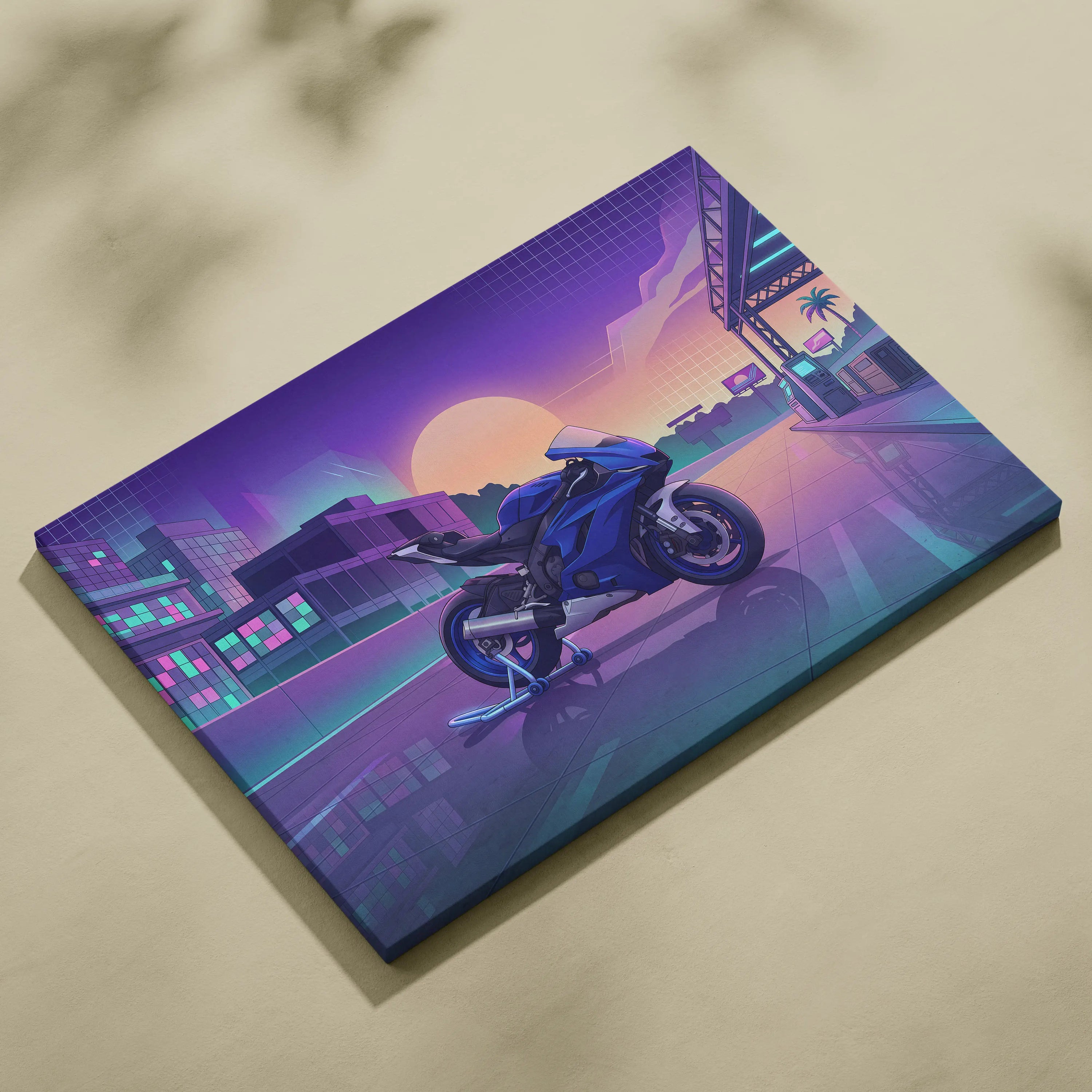 Yamaha YZF-R6 Inspired Blue Purple Motorcycle Canvas Wall Art Vaporwave Sunset Sportbike Garage Decor Retro Futuristic Racing Artwork