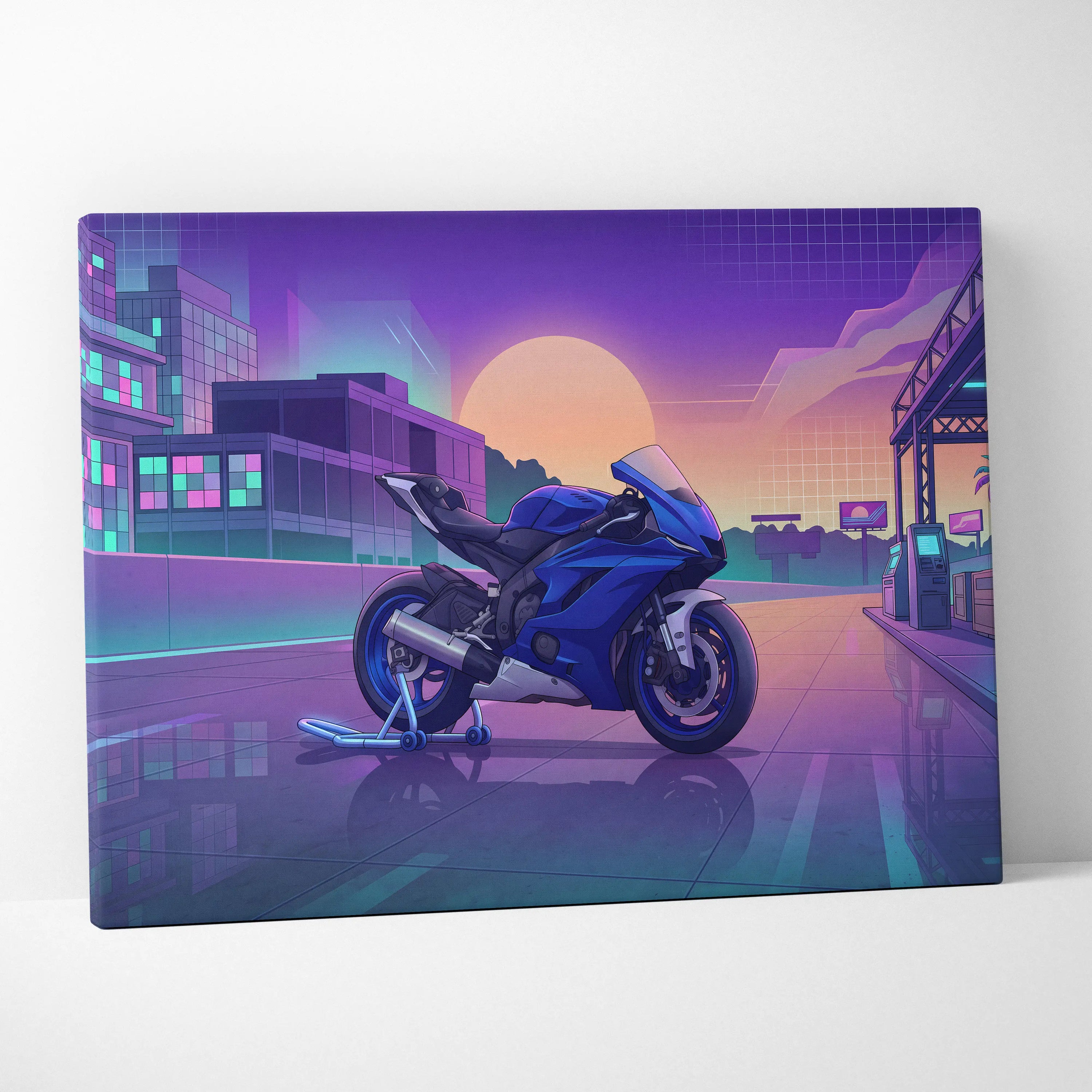 Yamaha YZF-R6 Inspired Blue Purple Motorcycle Canvas Wall Art Vaporwave Sunset Sportbike Garage Decor Retro Futuristic Racing Artwork