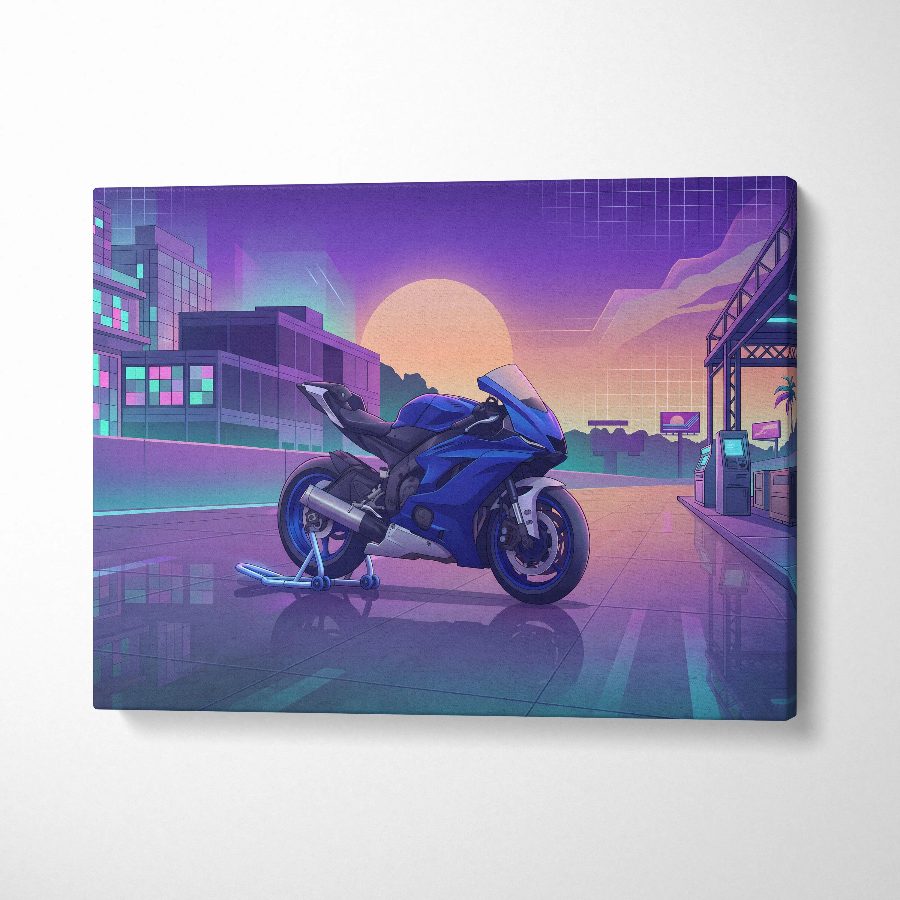 Yamaha YZF-R6 Inspired Blue Purple Motorcycle Canvas Wall Art Vaporwave Sunset Sportbike Garage Decor Retro Futuristic Racing Artwork