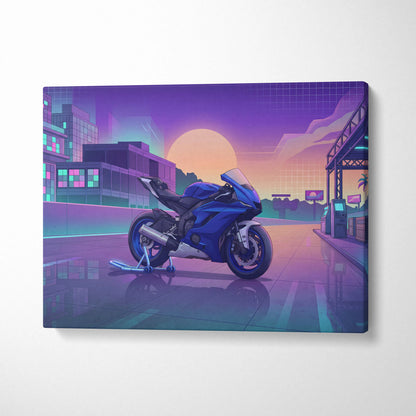 Yamaha YZF-R6 Inspired Blue Purple Motorcycle Canvas Wall Art Vaporwave Sunset Sportbike Garage Decor Retro Futuristic Racing Artwork