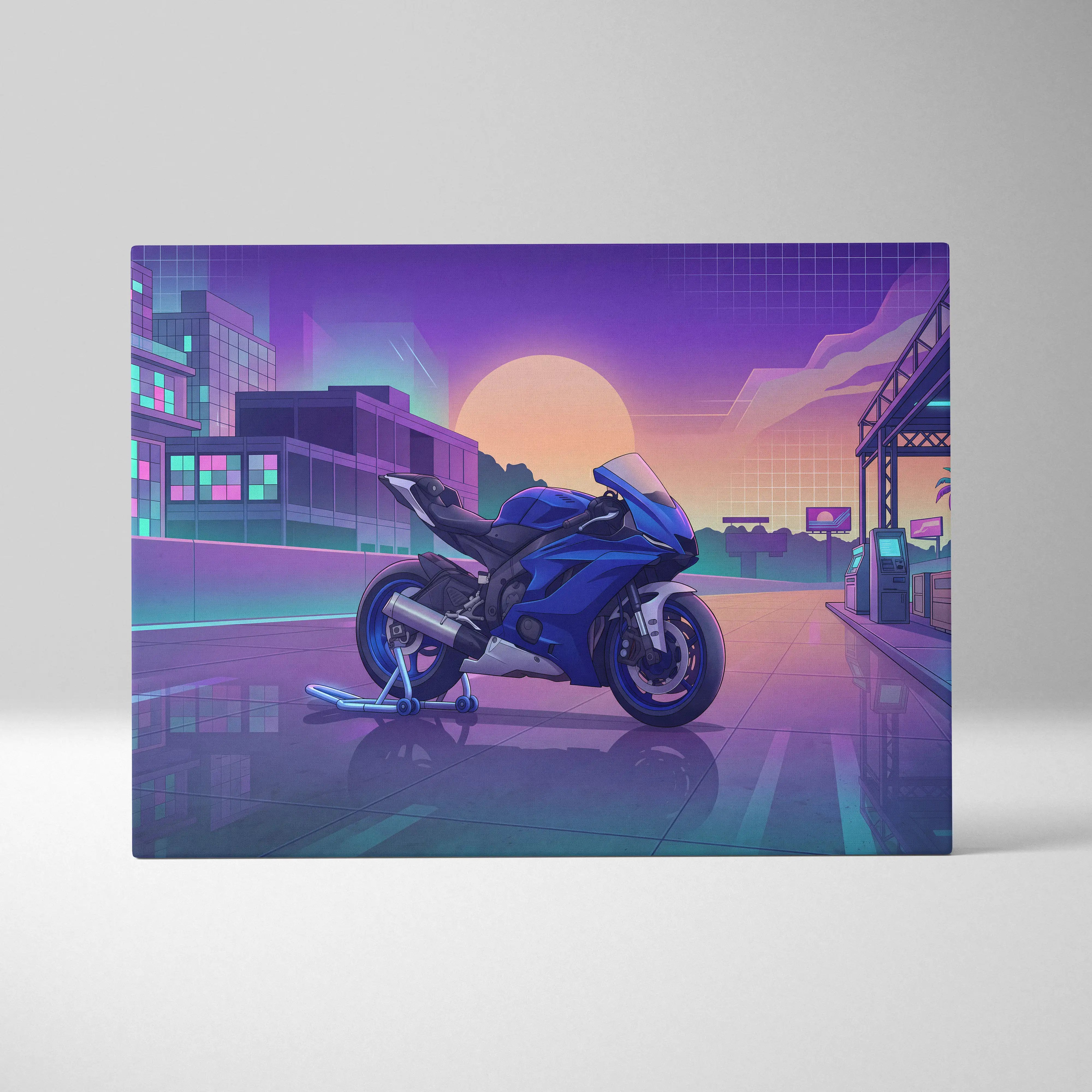 Yamaha YZF-R6 Inspired Blue Purple Motorcycle Canvas Wall Art Vaporwave Sunset Sportbike Garage Decor Retro Futuristic Racing Artwork
