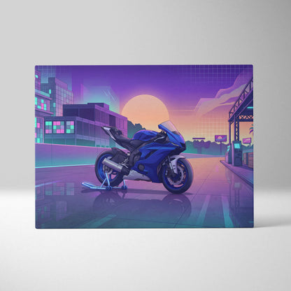 Yamaha YZF-R6 Inspired Blue Purple Motorcycle Canvas Wall Art Vaporwave Sunset Sportbike Garage Decor Retro Futuristic Racing Artwork