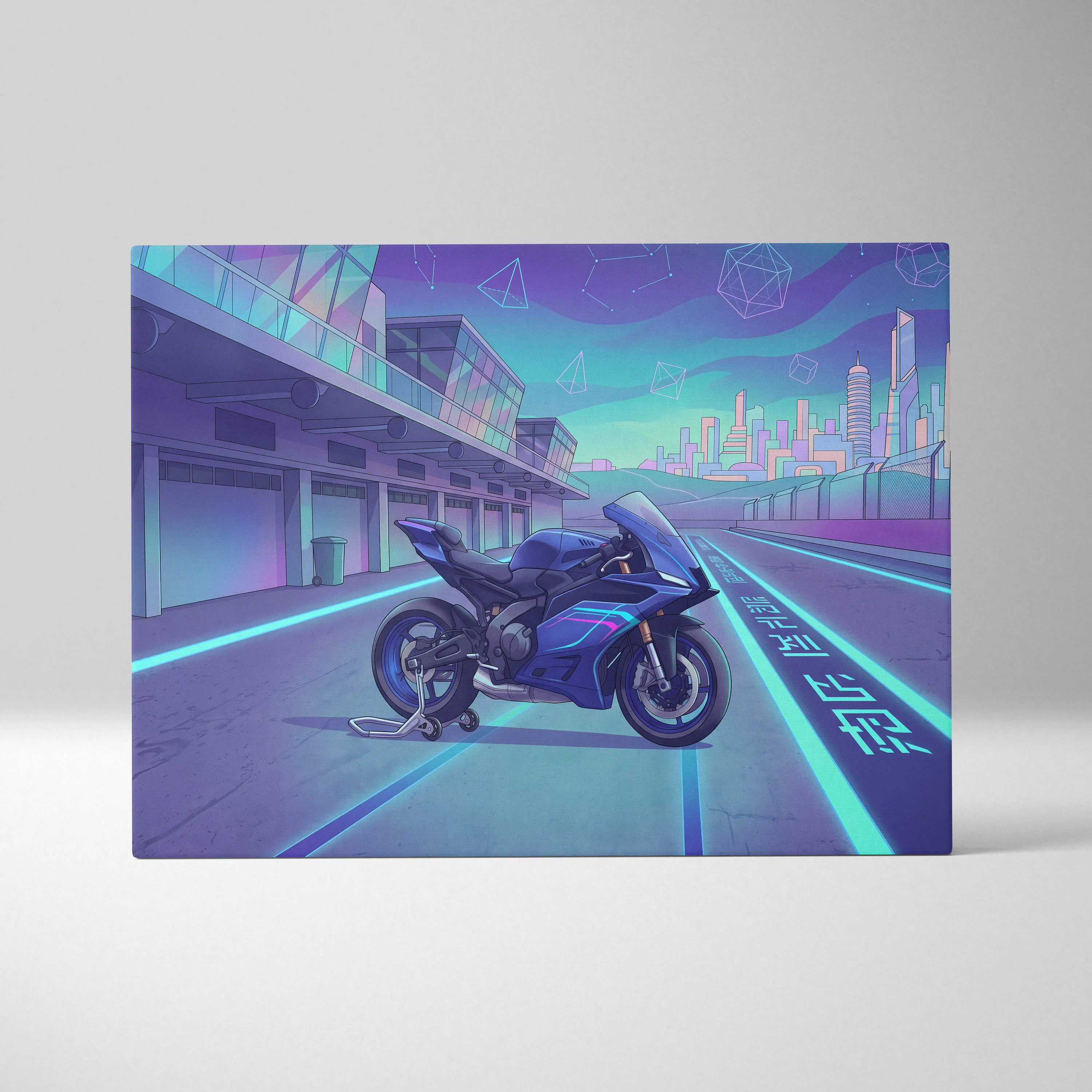 Yamaha YZF-R9 Inspired Blue Teal Vaporwave Motorcycle Canvas Wall Art Neon Pit Lane Sportbike Artwork Futuristic Garage Decor