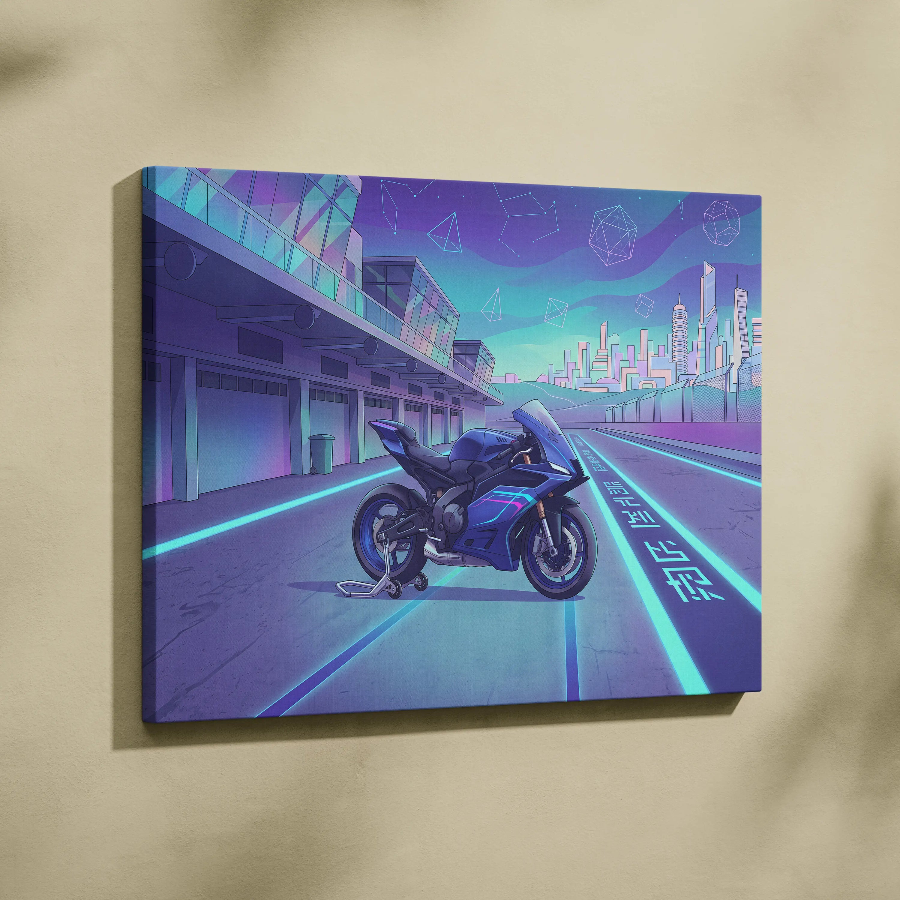 Yamaha YZF-R9 Inspired Blue Teal Vaporwave Motorcycle Canvas Wall Art Neon Pit Lane Sportbike Artwork Futuristic Garage Decor