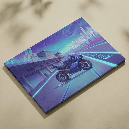Yamaha YZF-R9 Inspired Blue Teal Vaporwave Motorcycle Canvas Wall Art Neon Pit Lane Sportbike Artwork Futuristic Garage Decor