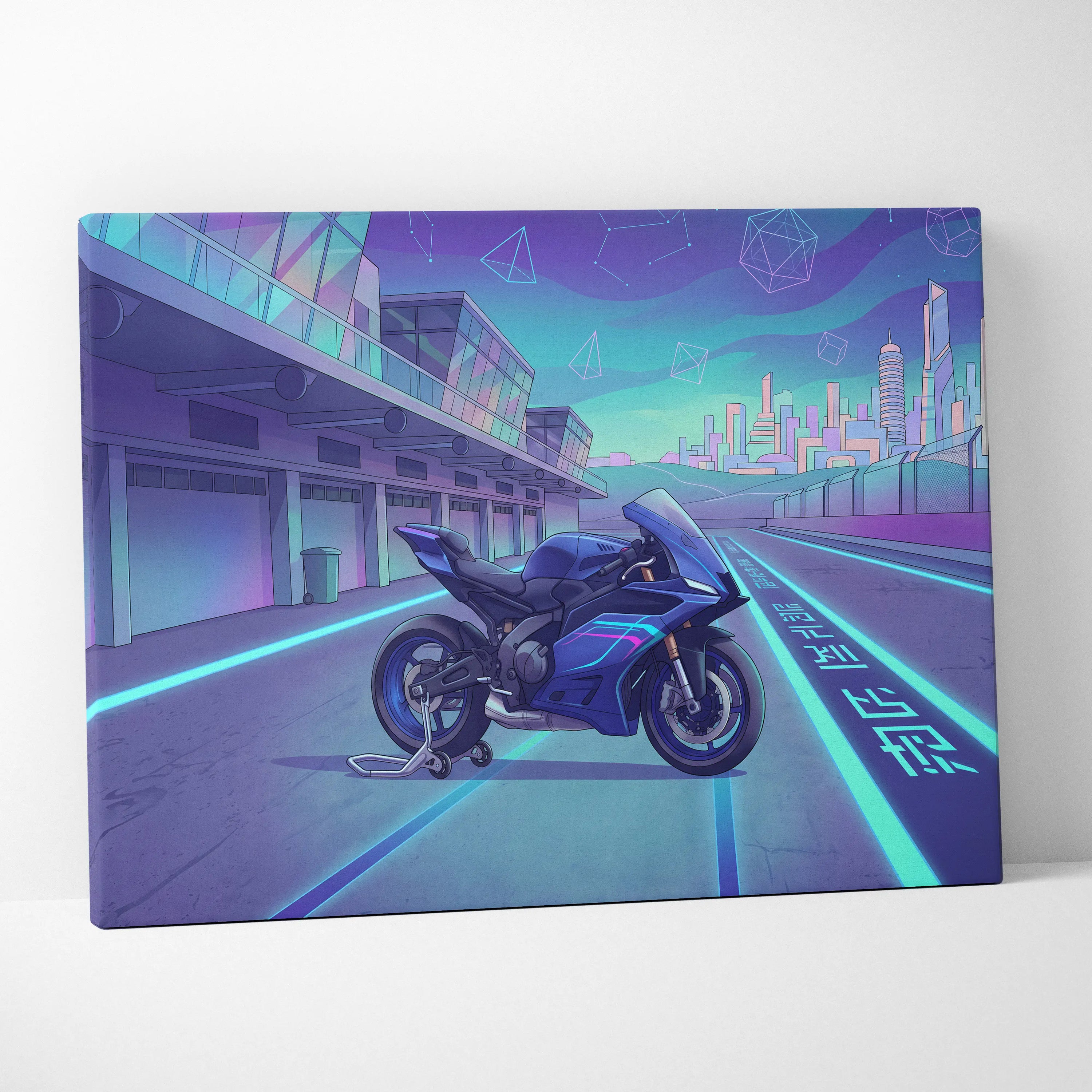 Yamaha YZF-R9 Inspired Blue Teal Vaporwave Motorcycle Canvas Wall Art Neon Pit Lane Sportbike Artwork Futuristic Garage Decor