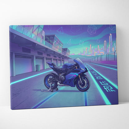 Yamaha YZF-R9 Inspired Blue Teal Vaporwave Motorcycle Canvas Wall Art Neon Pit Lane Sportbike Artwork Futuristic Garage Decor