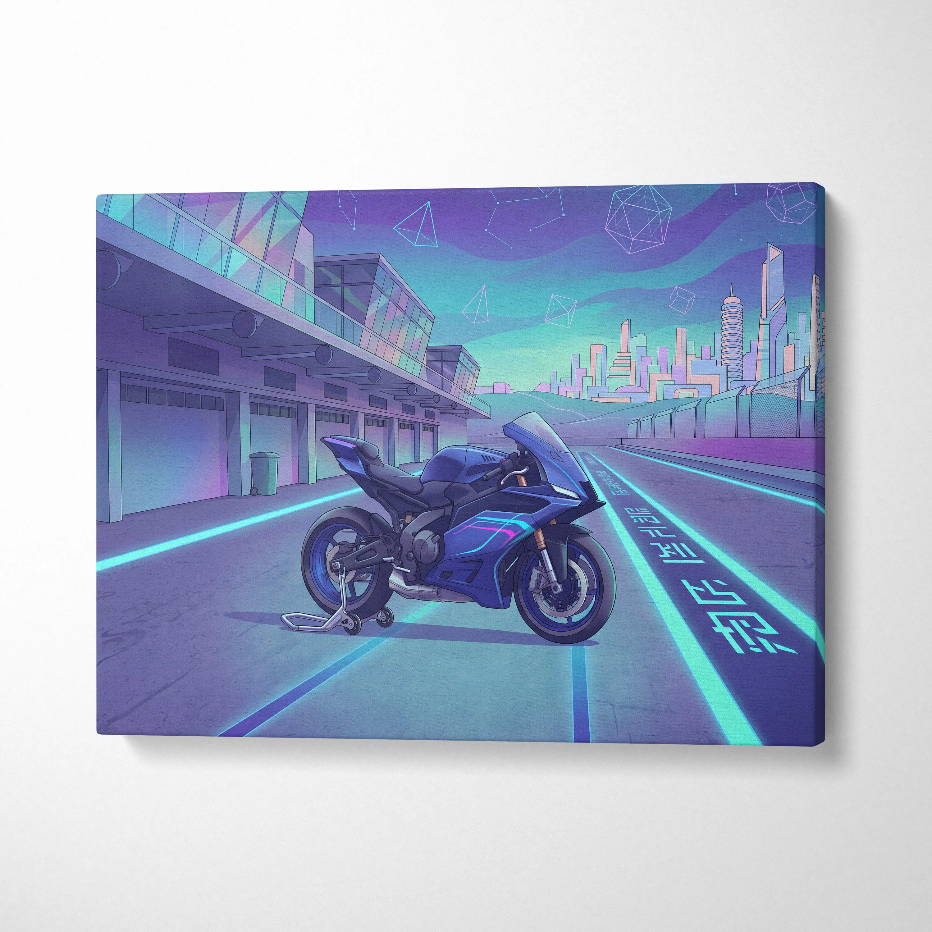 Yamaha YZF-R9 Inspired Blue Teal Vaporwave Motorcycle Canvas Wall Art Neon Pit Lane Sportbike Artwork Futuristic Garage Decor
