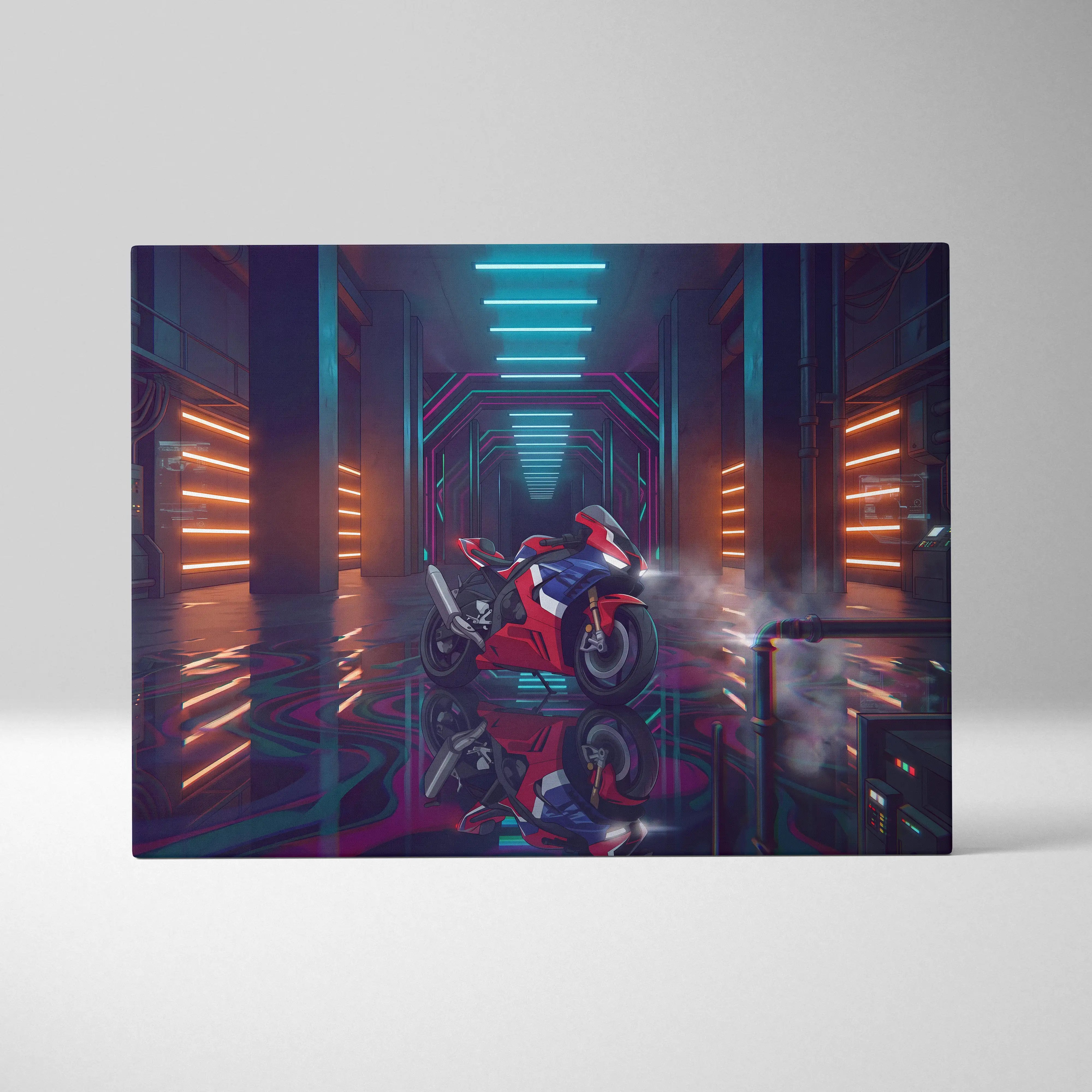 Honda CBR1000RR-R Fireblade Inspired Red Blue Vaporwave Motorcycle Canvas Wall Art Neon Tunnel Sportbike Artwork Cyberpunk Garage Decor