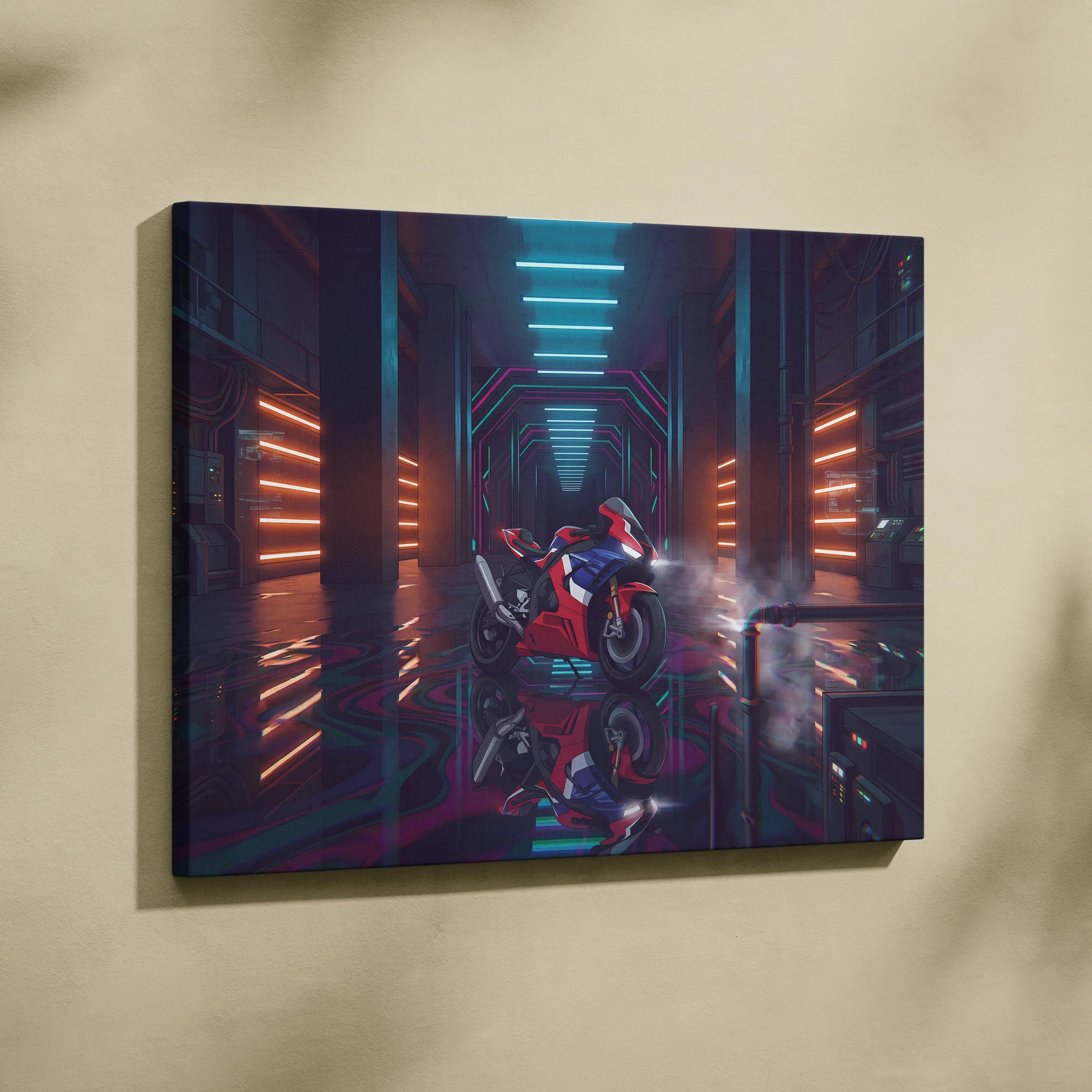 Honda CBR1000RR-R Fireblade Inspired Red Blue Vaporwave Motorcycle Canvas Wall Art Neon Tunnel Sportbike Artwork Cyberpunk Garage Decor