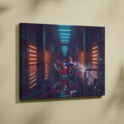 Honda CBR1000RR-R Fireblade Inspired Red Blue Vaporwave Motorcycle Canvas Wall Art Neon Tunnel Sportbike Artwork Cyberpunk Garage Decor