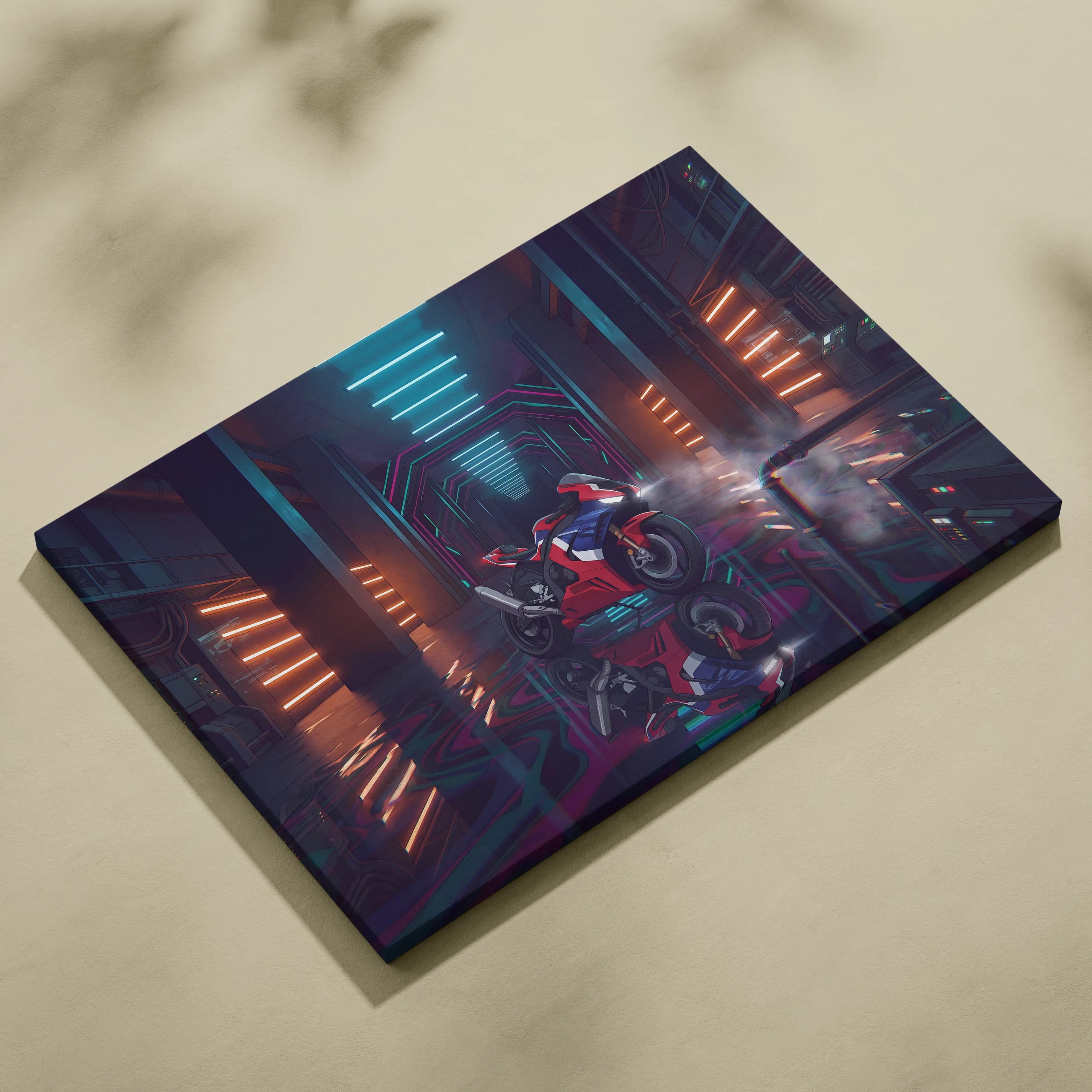 Honda CBR1000RR-R Fireblade Inspired Red Blue Vaporwave Motorcycle Canvas Wall Art Neon Tunnel Sportbike Artwork Cyberpunk Garage Decor