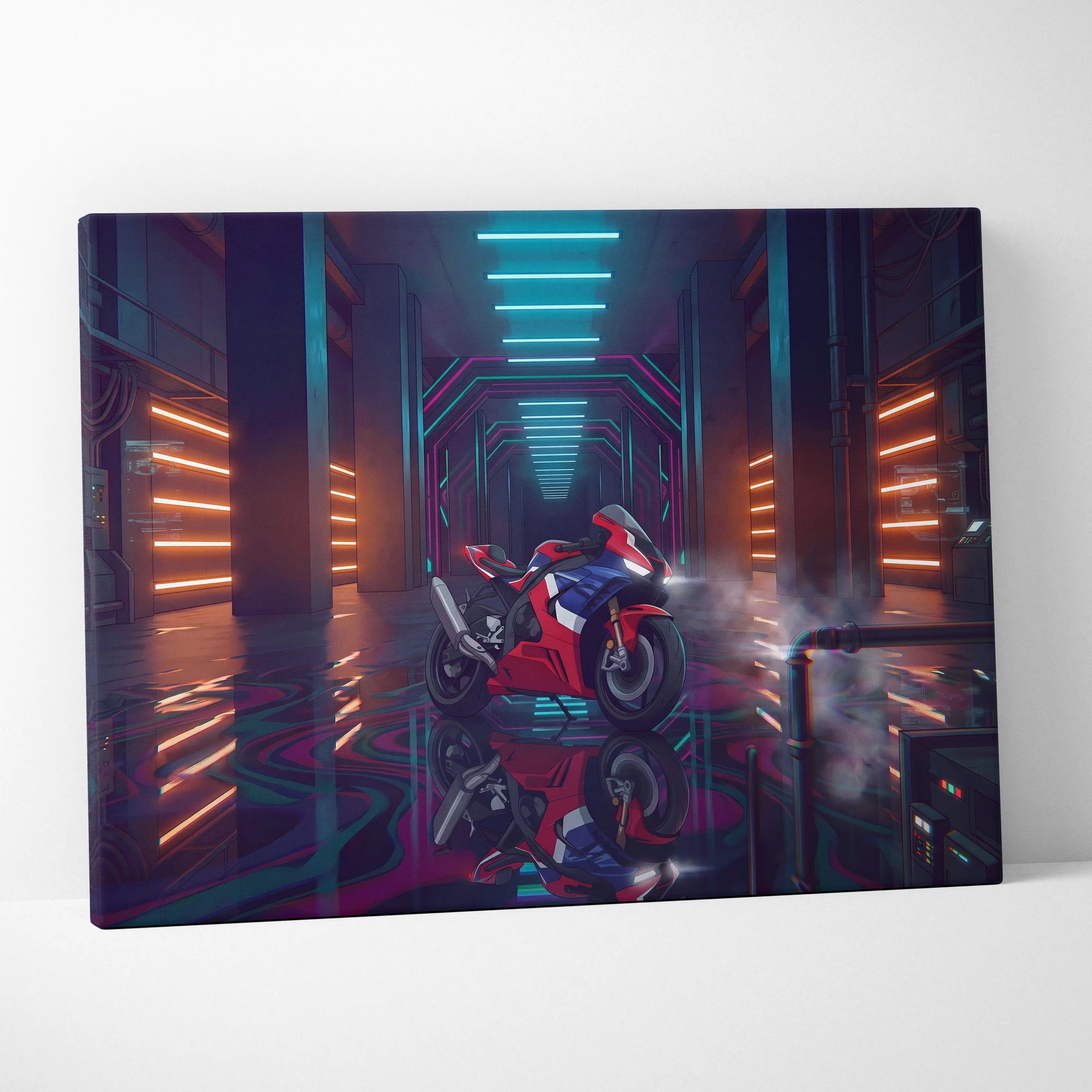 Honda CBR1000RR-R Fireblade Inspired Red Blue Vaporwave Motorcycle Canvas Wall Art Neon Tunnel Sportbike Artwork Cyberpunk Garage Decor