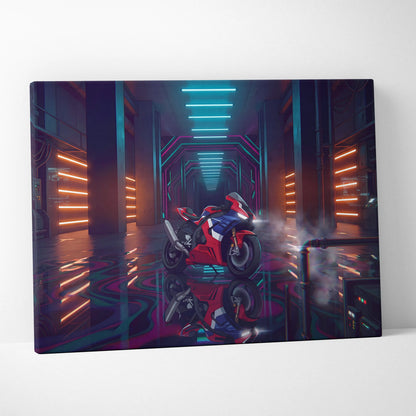 Honda CBR1000RR-R Fireblade Inspired Red Blue Vaporwave Motorcycle Canvas Wall Art Neon Tunnel Sportbike Artwork Cyberpunk Garage Decor