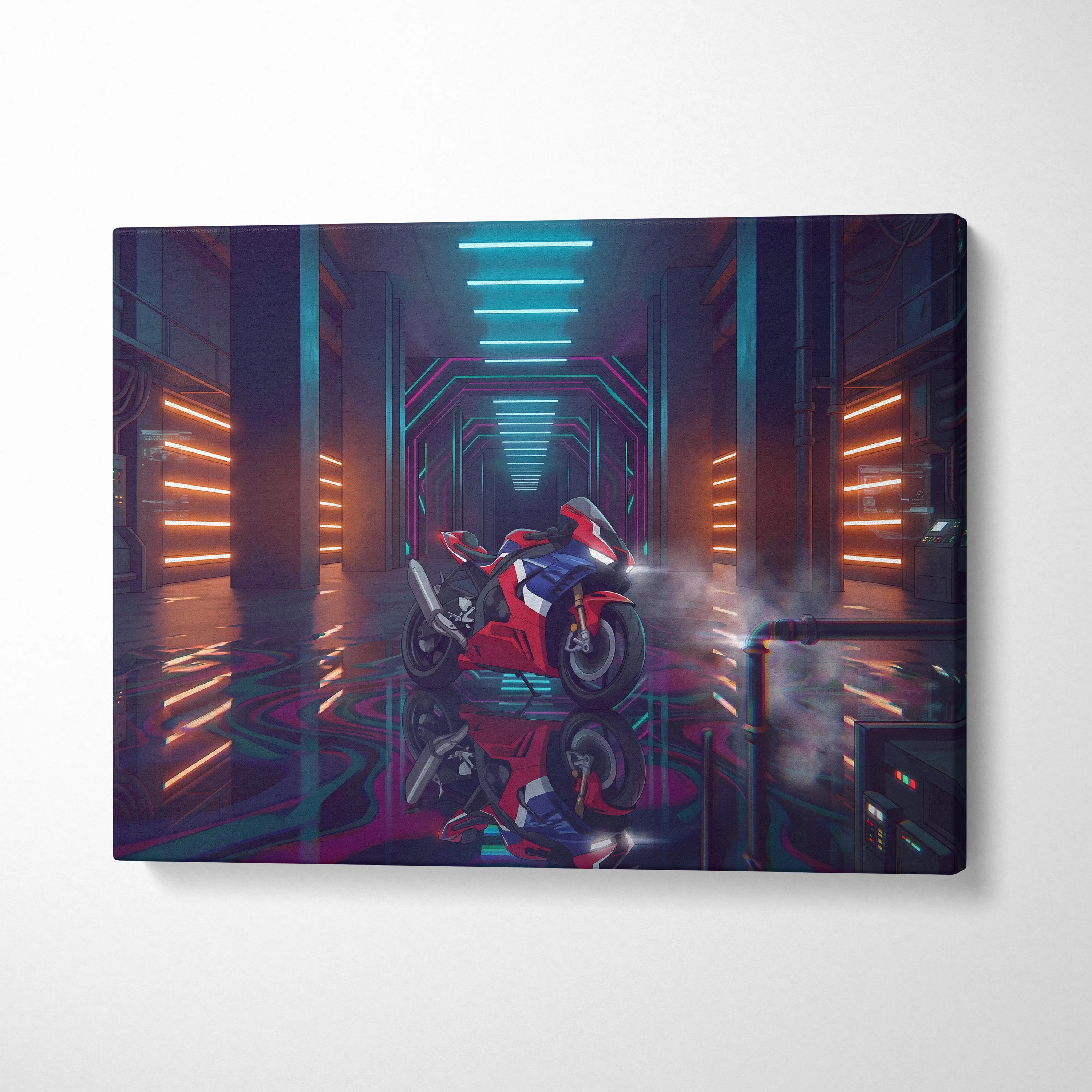 Honda CBR1000RR-R Fireblade Inspired Red Blue Vaporwave Motorcycle Canvas Wall Art Neon Tunnel Sportbike Artwork Cyberpunk Garage Decor