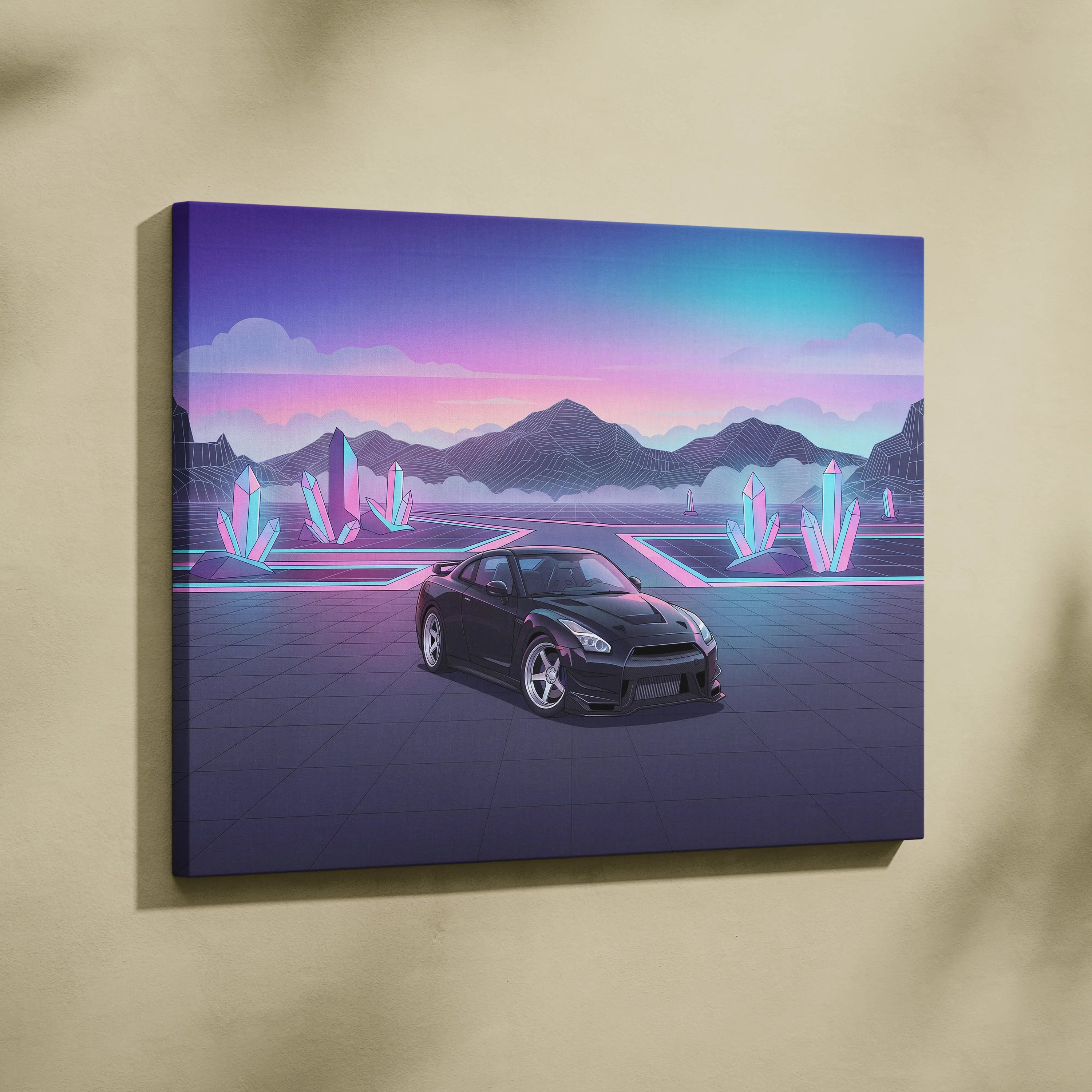 Nissan R35 GTR Inspired Vaporwave Neon Car Art - Automotive Art Neon Pink Purple Dreamy Synthwave Canvas