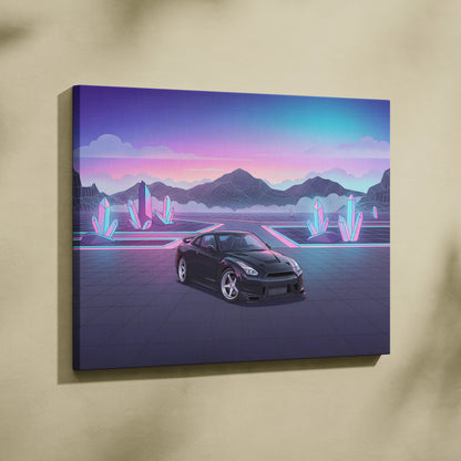Nissan R35 GTR Inspired Vaporwave Neon Car Art - Automotive Art Neon Pink Purple Dreamy Synthwave Canvas