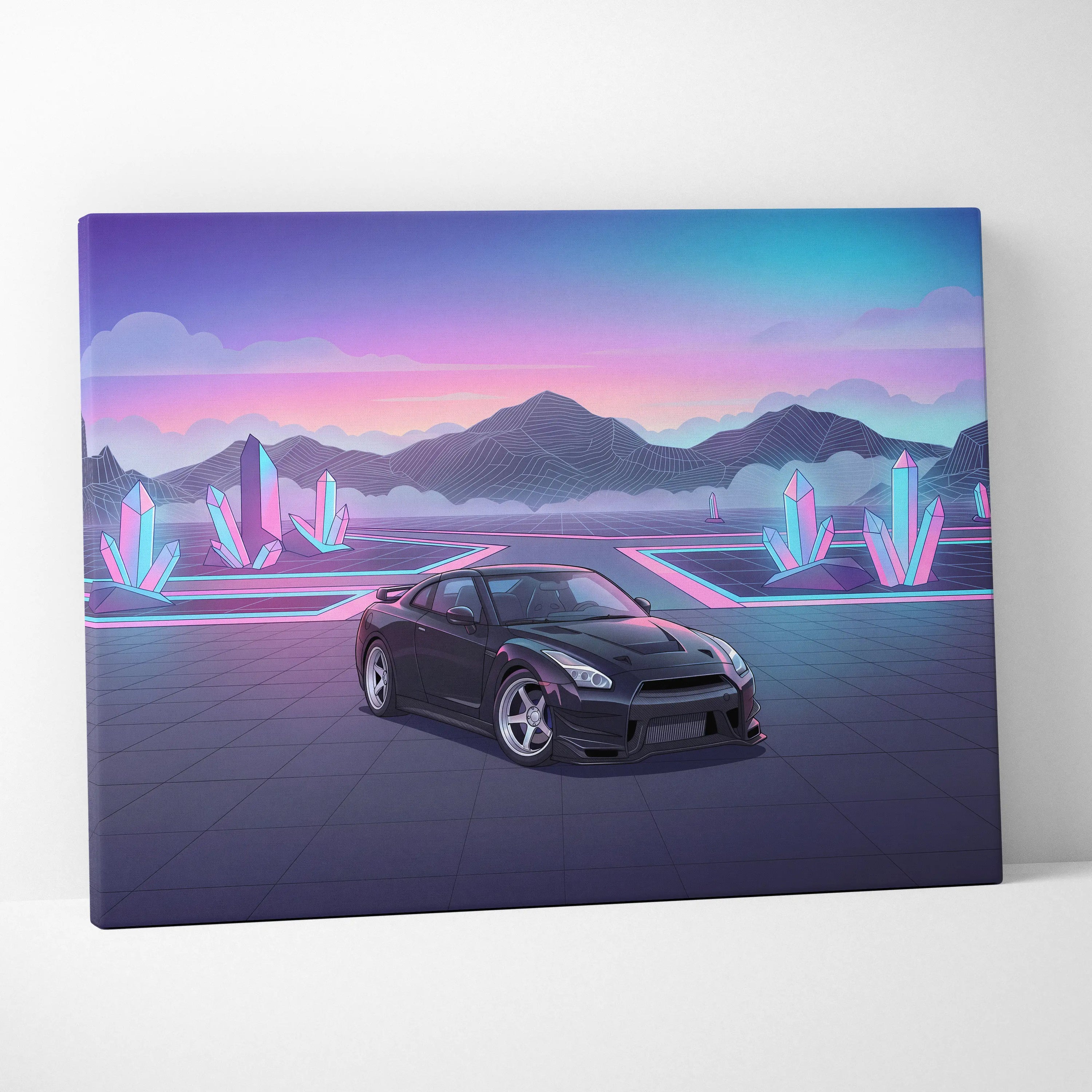 Nissan R35 GTR Inspired Vaporwave Neon Car Art - Automotive Art Neon Pink Purple Dreamy Synthwave Canvas