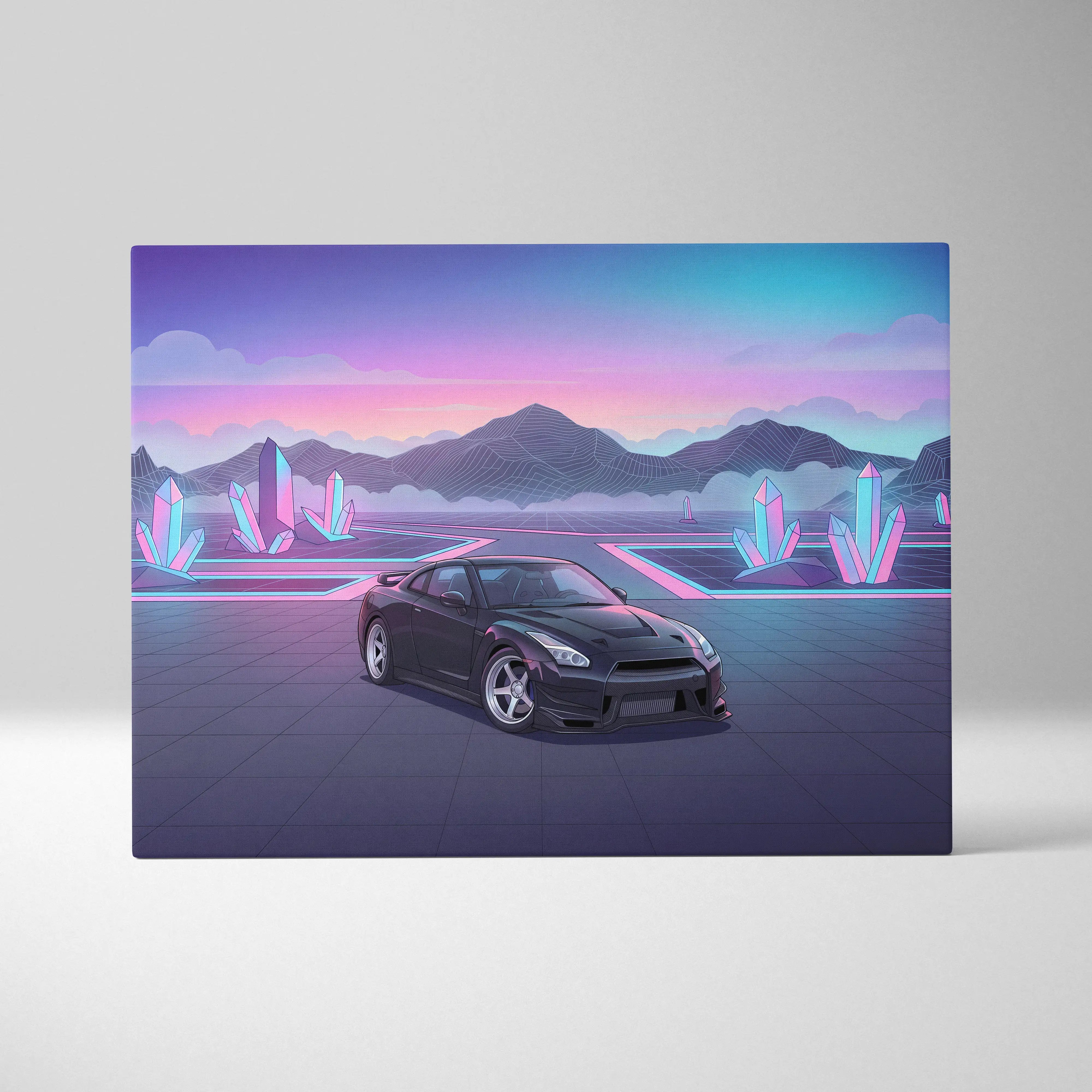 Nissan gt-r sports car in neon pink and blue vaporwave cyberpunk art with glowing crystal formations on canvas