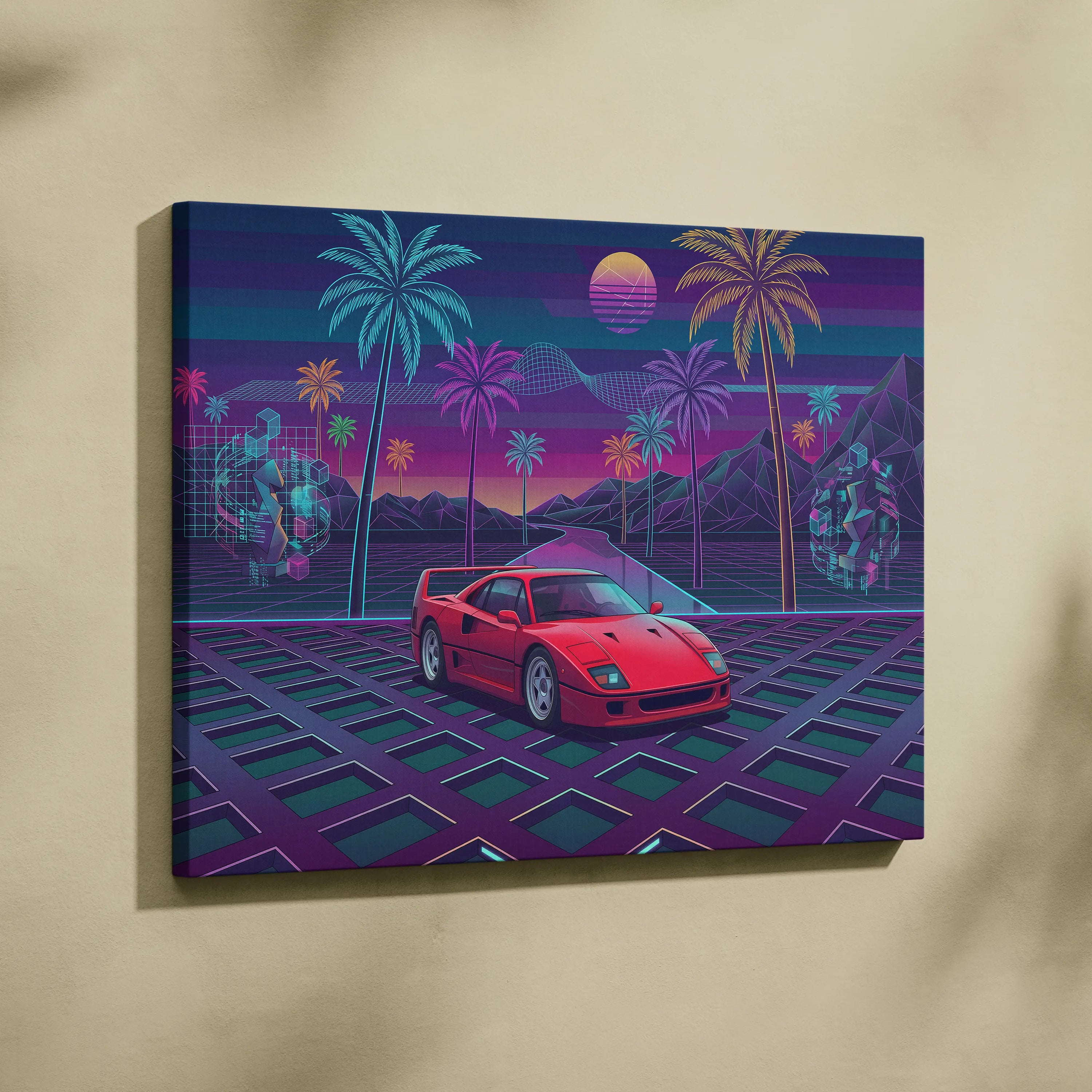 Ferrari F40 Inspired, Vaporwave Neon Palm Sunset - Car Art Neon Pink Blue Purple Retro Futurism, Nostalgic Mood