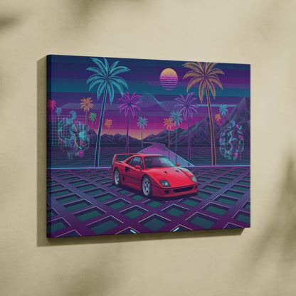Ferrari F40 Inspired, Vaporwave Neon Palm Sunset - Car Art Neon Pink Blue Purple Retro Futurism, Nostalgic Mood