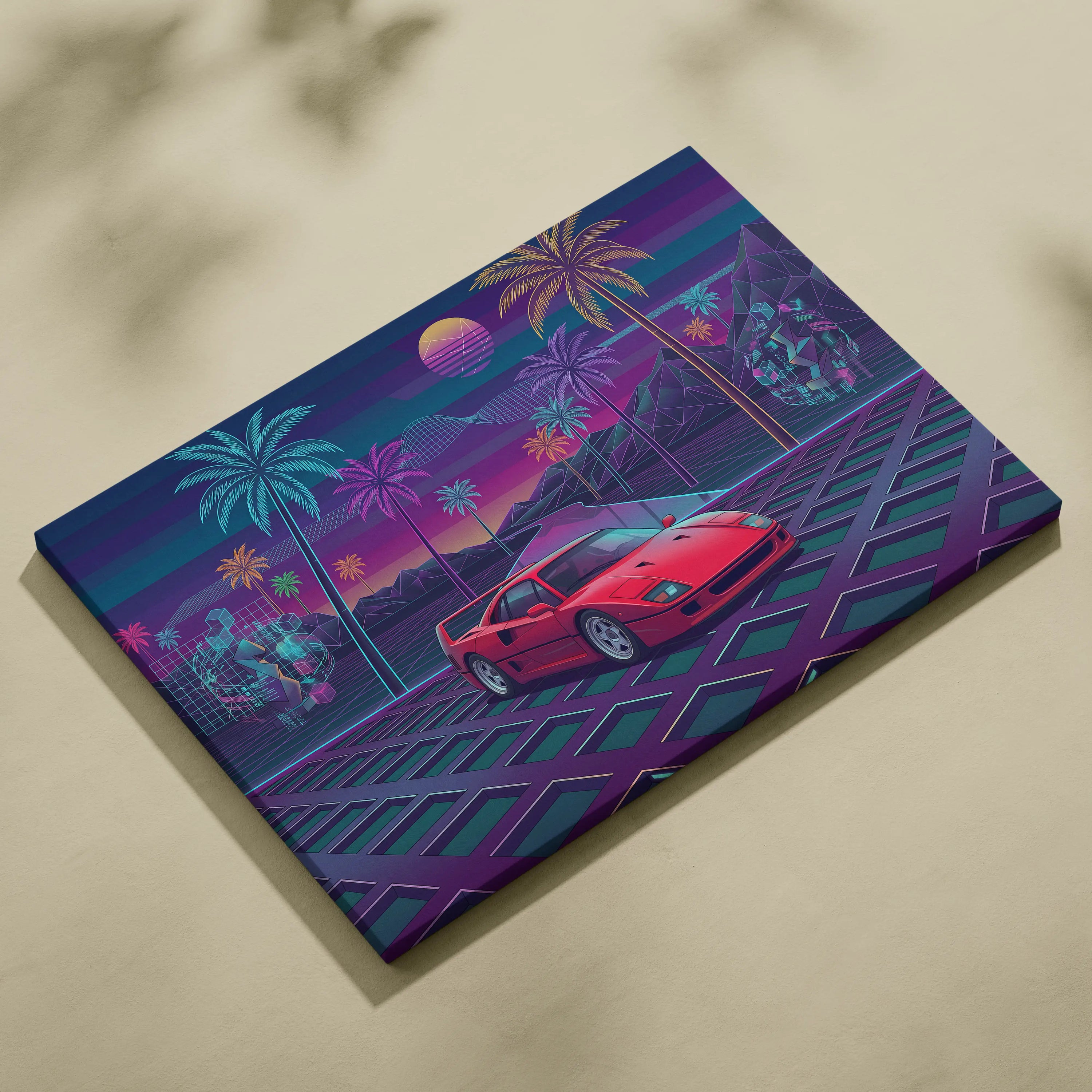 Ferrari F40 Inspired, Vaporwave Neon Palm Sunset - Car Art Neon Pink Blue Purple Retro Futurism, Nostalgic Mood