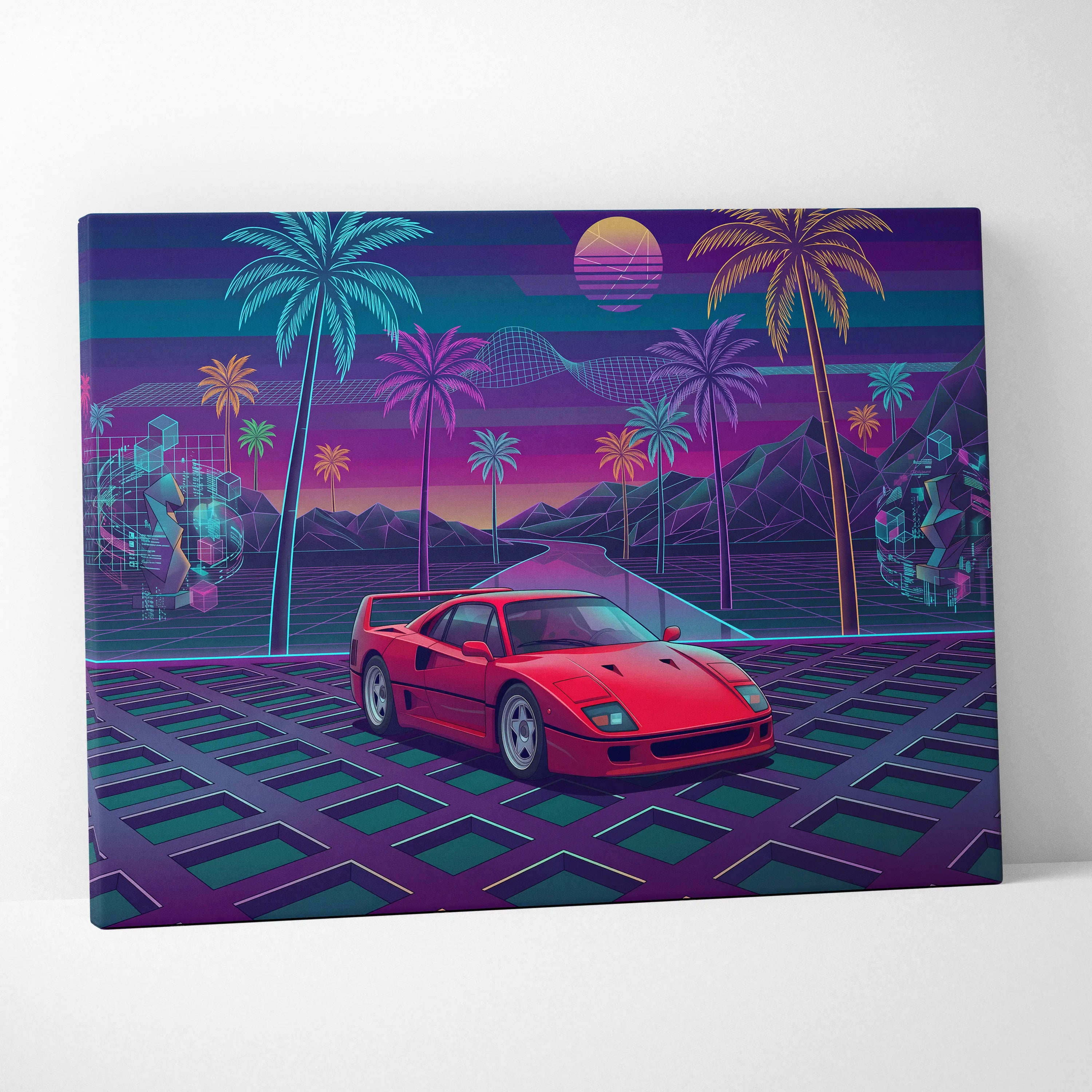 Ferrari F40 Inspired, Vaporwave Neon Palm Sunset - Car Art Neon Pink Blue Purple Retro Futurism, Nostalgic Mood