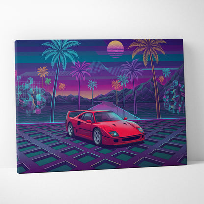 Ferrari F40 Inspired, Vaporwave Neon Palm Sunset - Car Art Neon Pink Blue Purple Retro Futurism, Nostalgic Mood