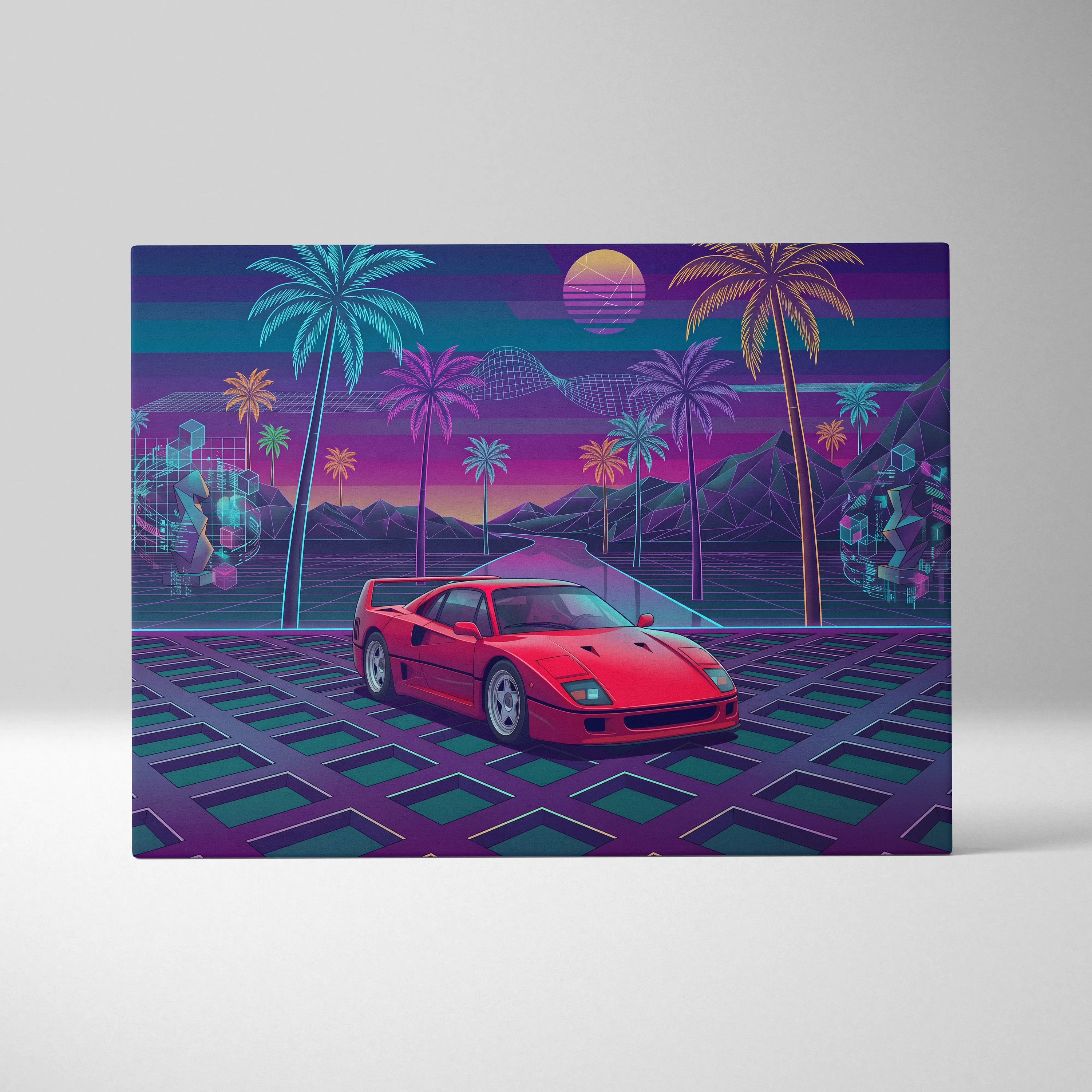 Ferrari F40 Inspired, Vaporwave Neon Palm Sunset - Car Art Neon Pink Blue Purple Retro Futurism, Nostalgic Mood