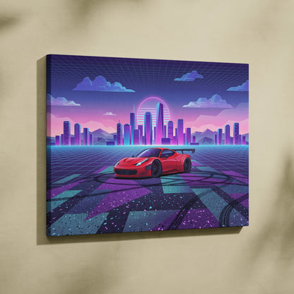 Ferrari 458 Italia Inspired Vaporwave Neon City Car Scene - Car Neon Pink Living Room Vaporwave - Nostalgic Mood Art