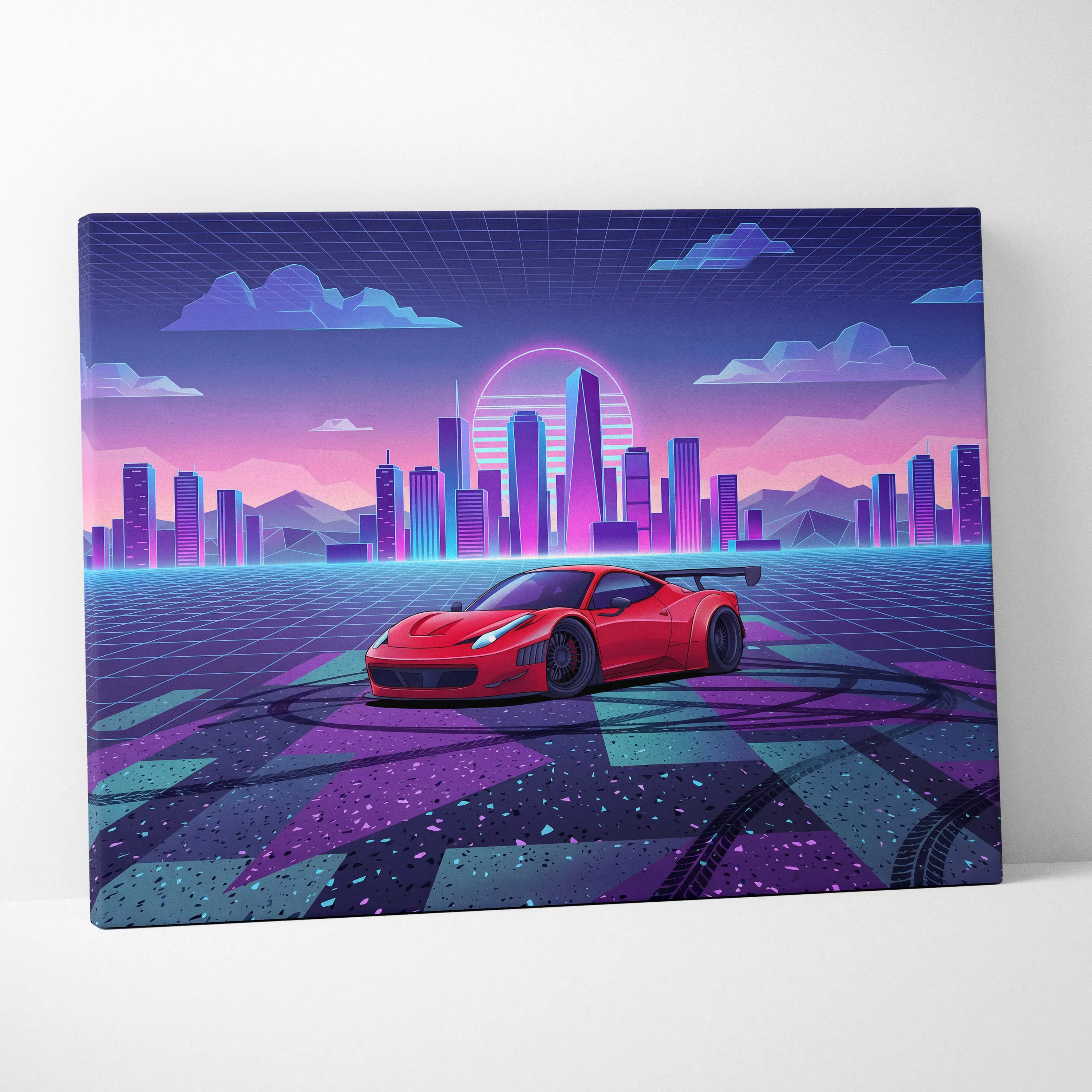 Ferrari 458 Italia Inspired Vaporwave Neon City Car Scene - Car Neon Pink Living Room Vaporwave - Nostalgic Mood Art