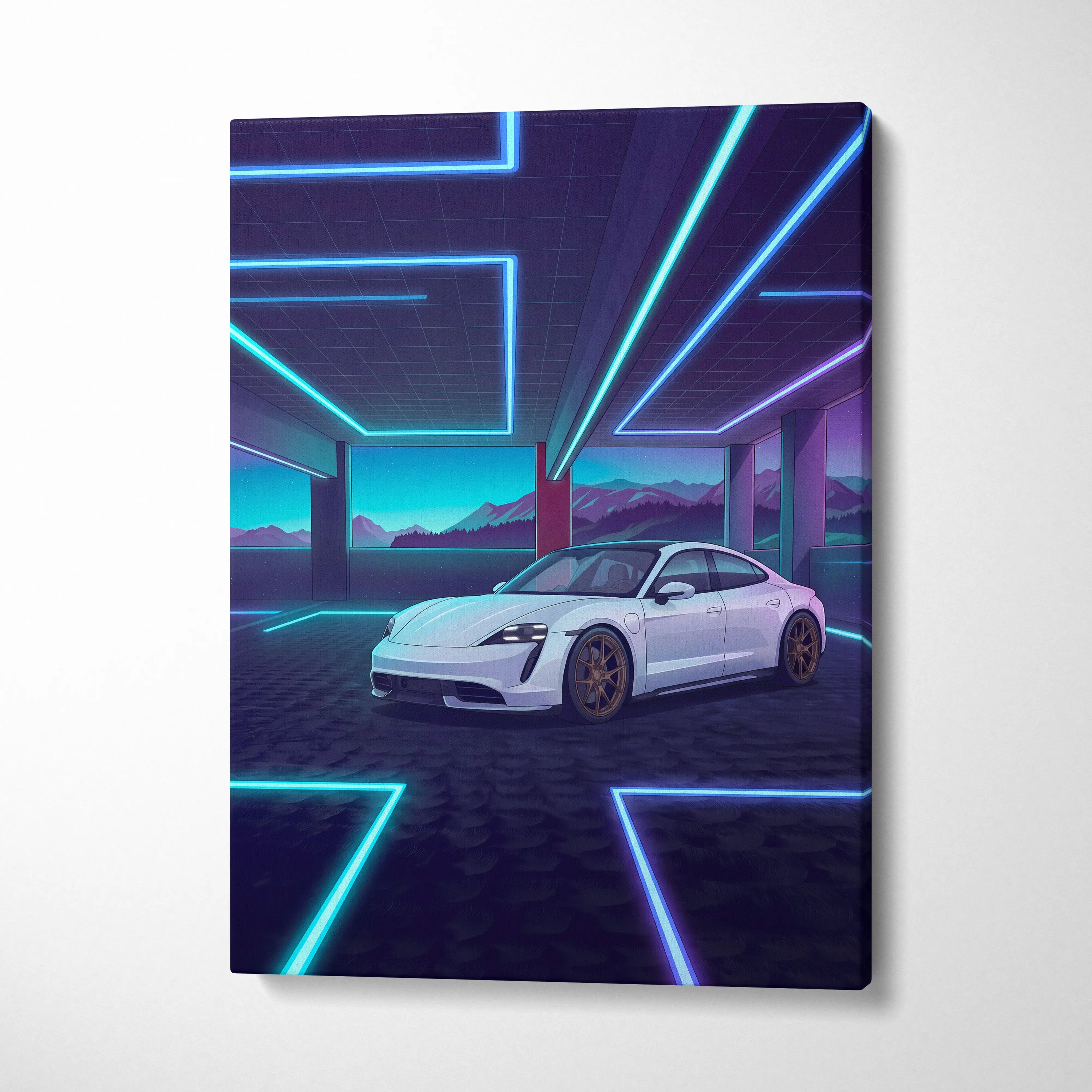 Porsche Taycan Inspired White Blue Canvas Wall Art Vaporwave Neon Garage Sports Car Artwork, Cyberpunk Mountain EV Decor