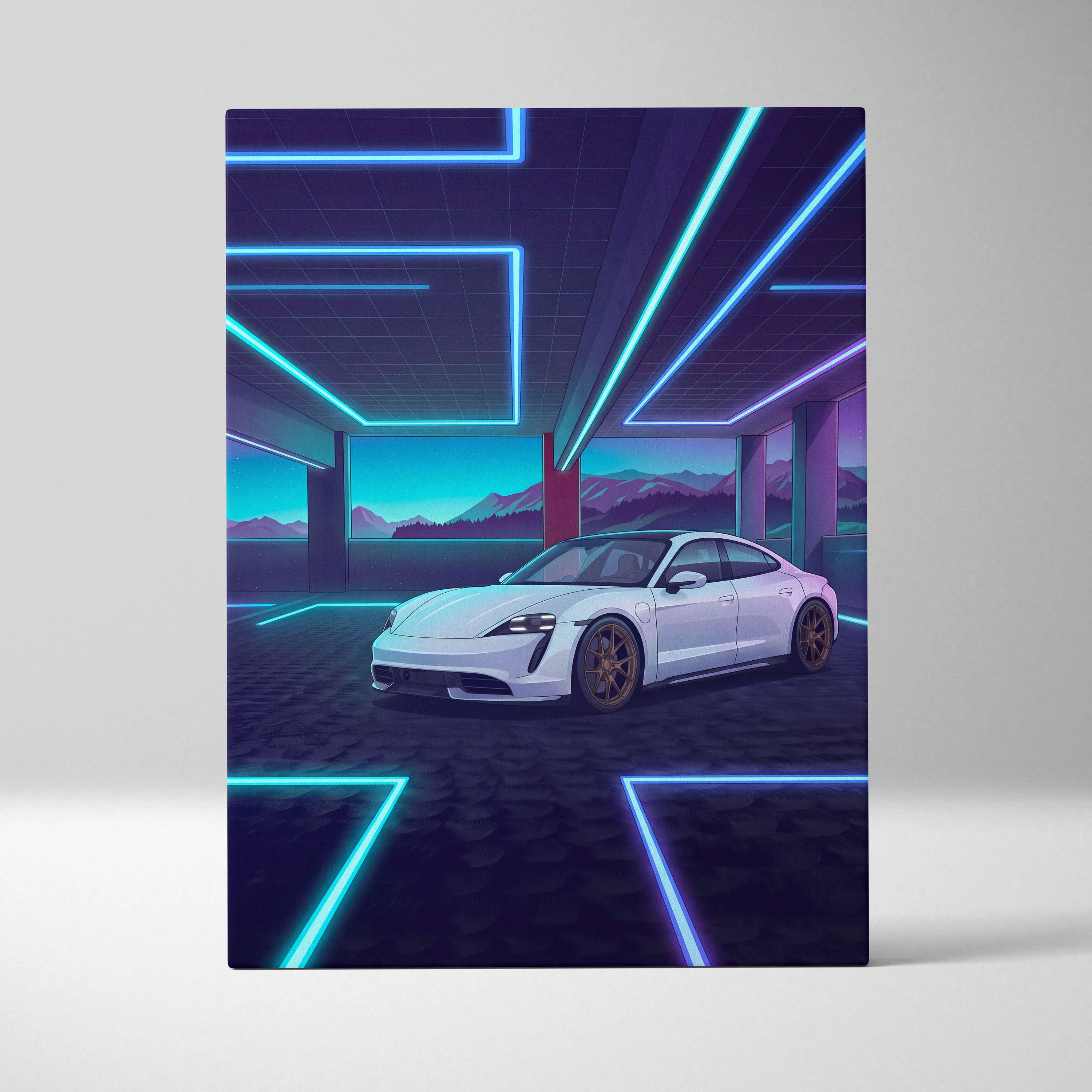 Porsche Taycan Inspired White Blue Canvas Wall Art Vaporwave Neon Garage Sports Car Artwork, Cyberpunk Mountain EV Decor