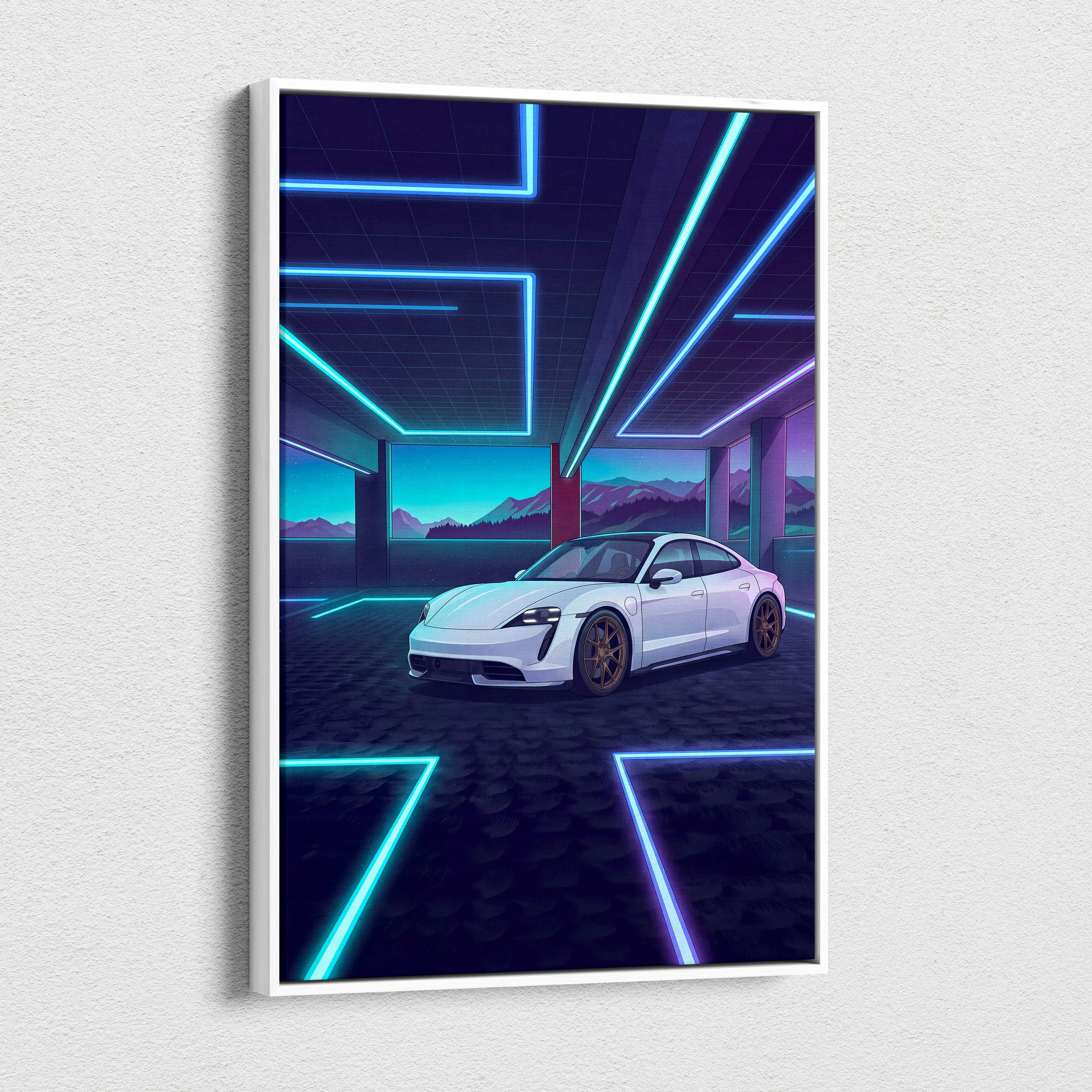 Porsche Taycan Inspired White Blue Canvas Wall Art Vaporwave Neon Garage Sports Car Artwork, Cyberpunk Mountain EV Decor
