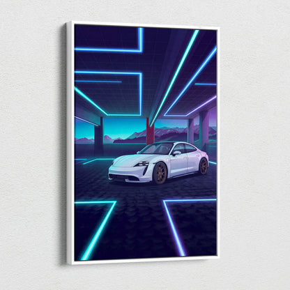 Porsche Taycan Inspired White Blue Canvas Wall Art Vaporwave Neon Garage Sports Car Artwork, Cyberpunk Mountain EV Decor