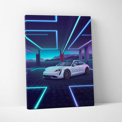 Porsche Taycan Inspired White Blue Canvas Wall Art Vaporwave Neon Garage Sports Car Artwork, Cyberpunk Mountain EV Decor