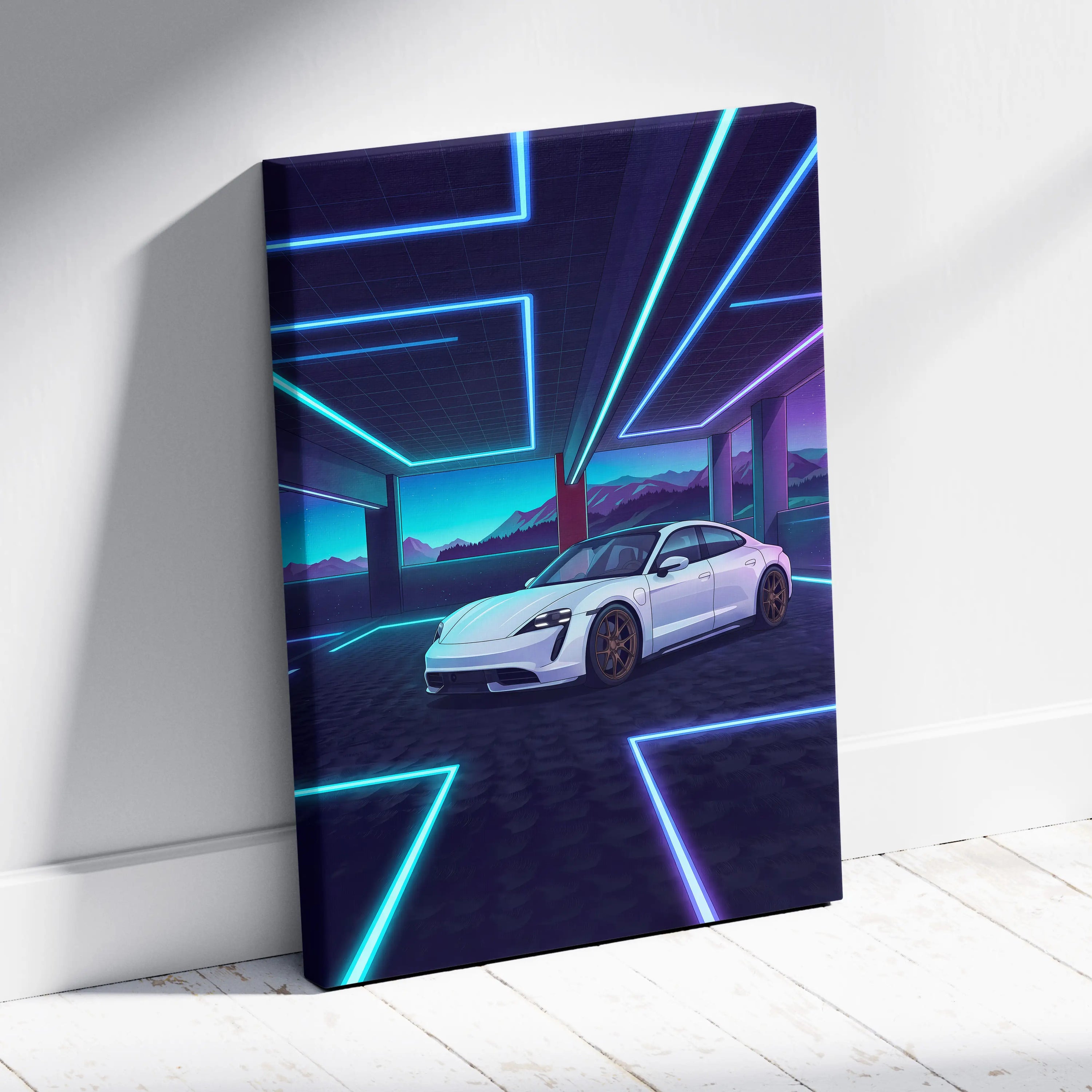 Porsche Taycan Inspired White Blue Canvas Wall Art Vaporwave Neon Garage Sports Car Artwork, Cyberpunk Mountain EV Decor