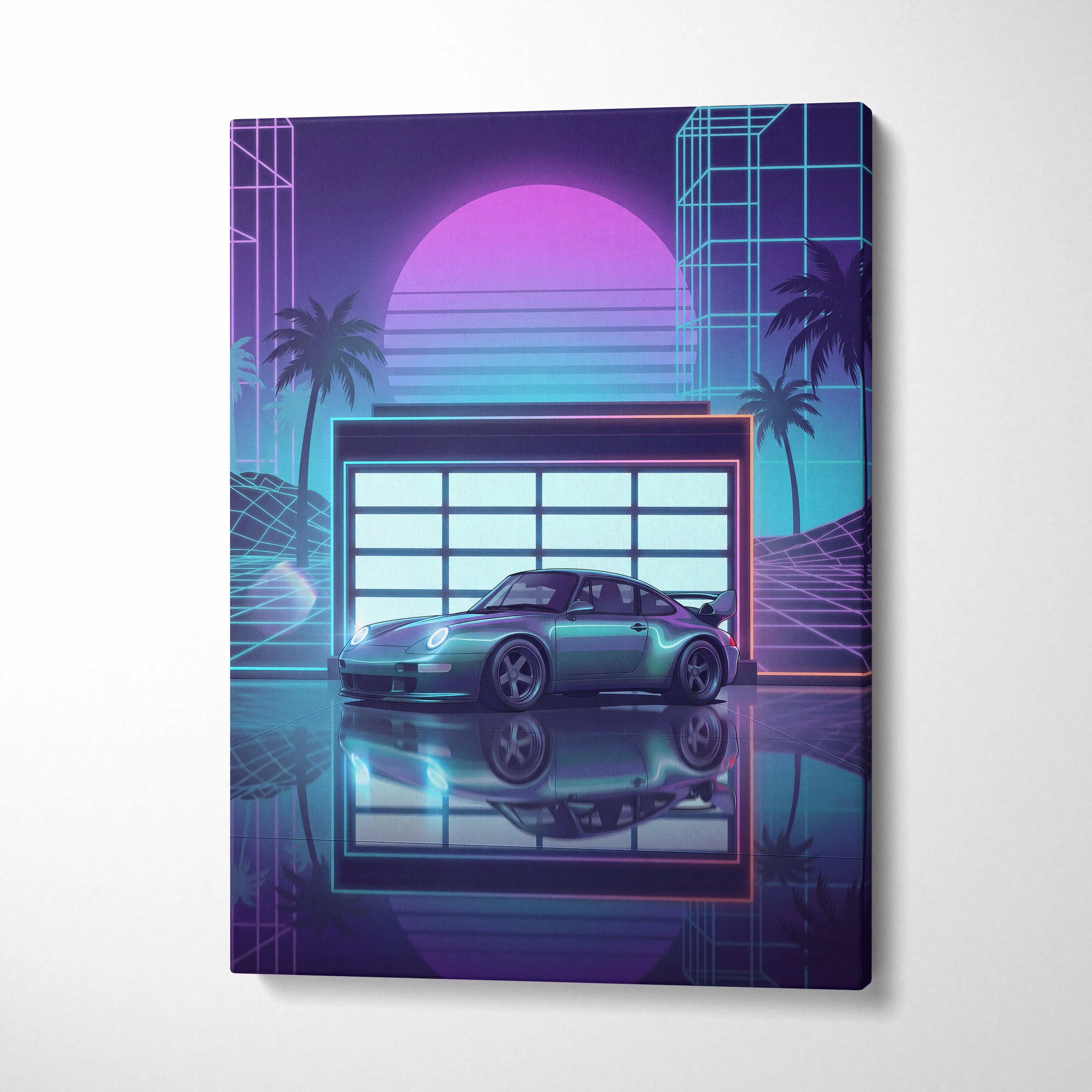 Porsche 911 GT2 Classic Inspired Silver Purple Canvas Wall Art Vaporwave Neon Garage Sports Car Artwork, Retro Palm Sunset Decor
