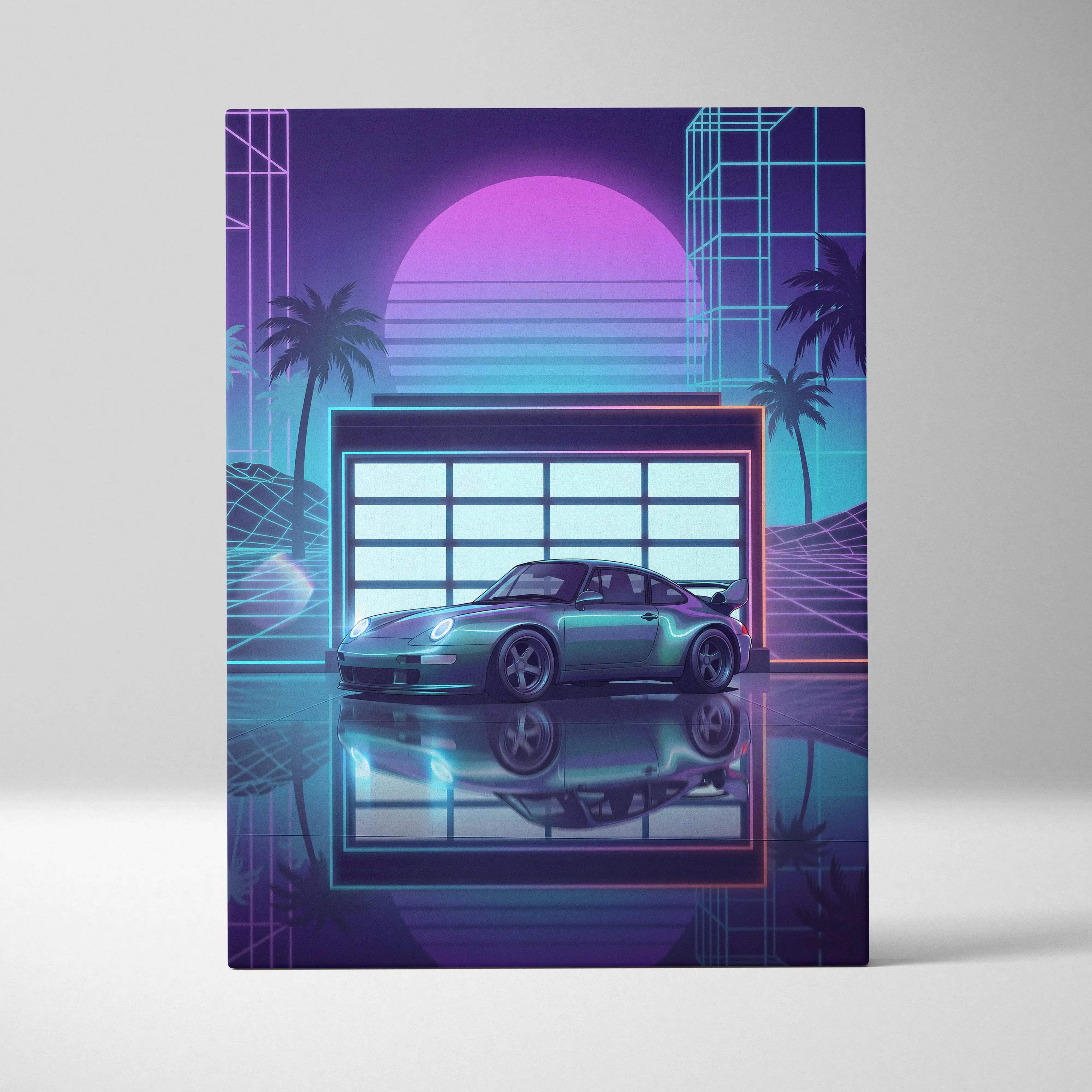 Porsche 911 GT2 Classic Inspired Silver Purple Canvas Wall Art Vaporwave Neon Garage Sports Car Artwork, Retro Palm Sunset Decor