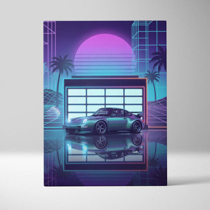 Porsche 911 GT2 Classic Inspired Silver Purple Canvas Wall Art Vaporwave Neon Garage Sports Car Artwork, Retro Palm Sunset Decor