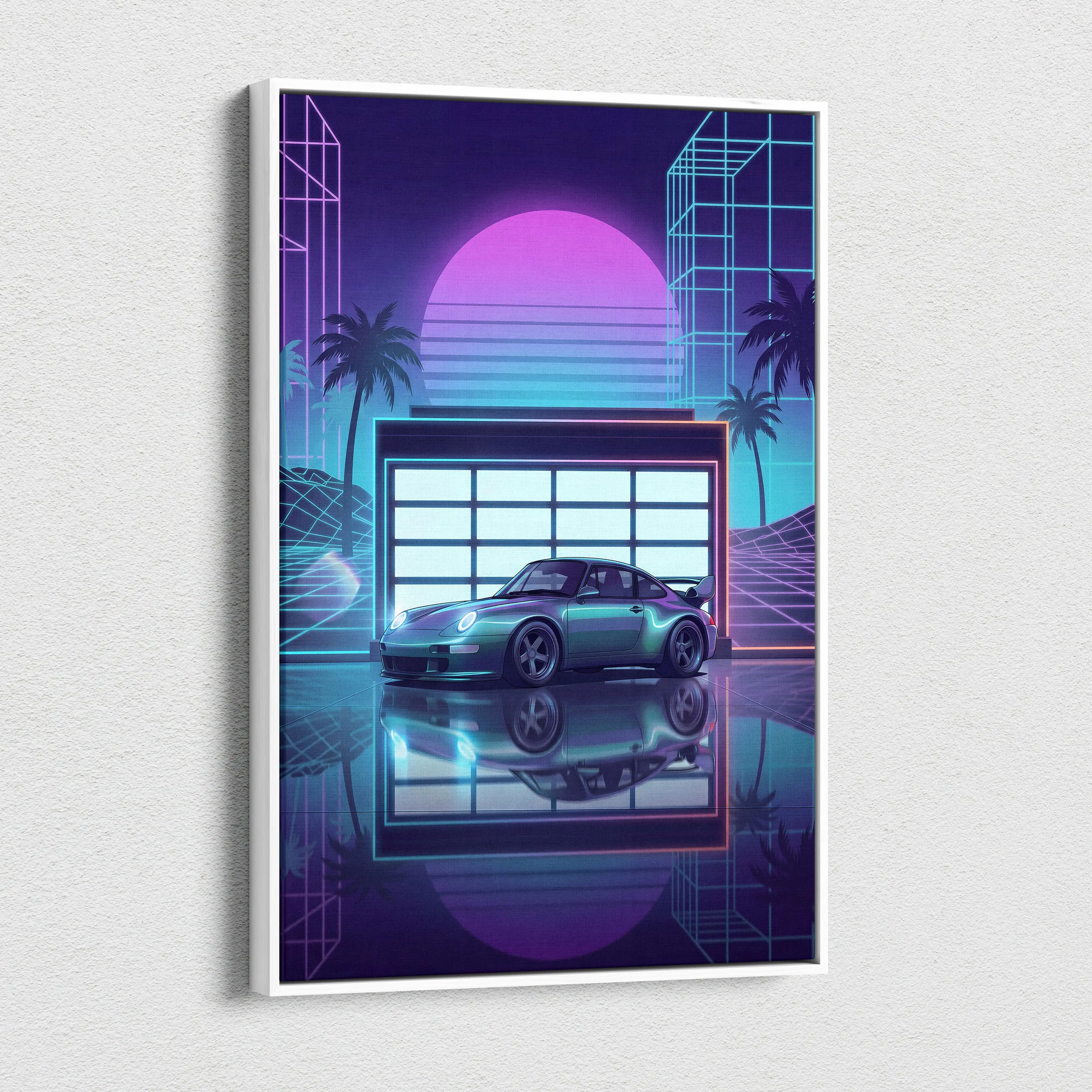 Porsche 911 GT2 Classic Inspired Silver Purple Canvas Wall Art Vaporwave Neon Garage Sports Car Artwork, Retro Palm Sunset Decor