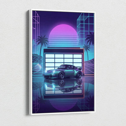 Porsche 911 GT2 Classic Inspired Silver Purple Canvas Wall Art Vaporwave Neon Garage Sports Car Artwork, Retro Palm Sunset Decor