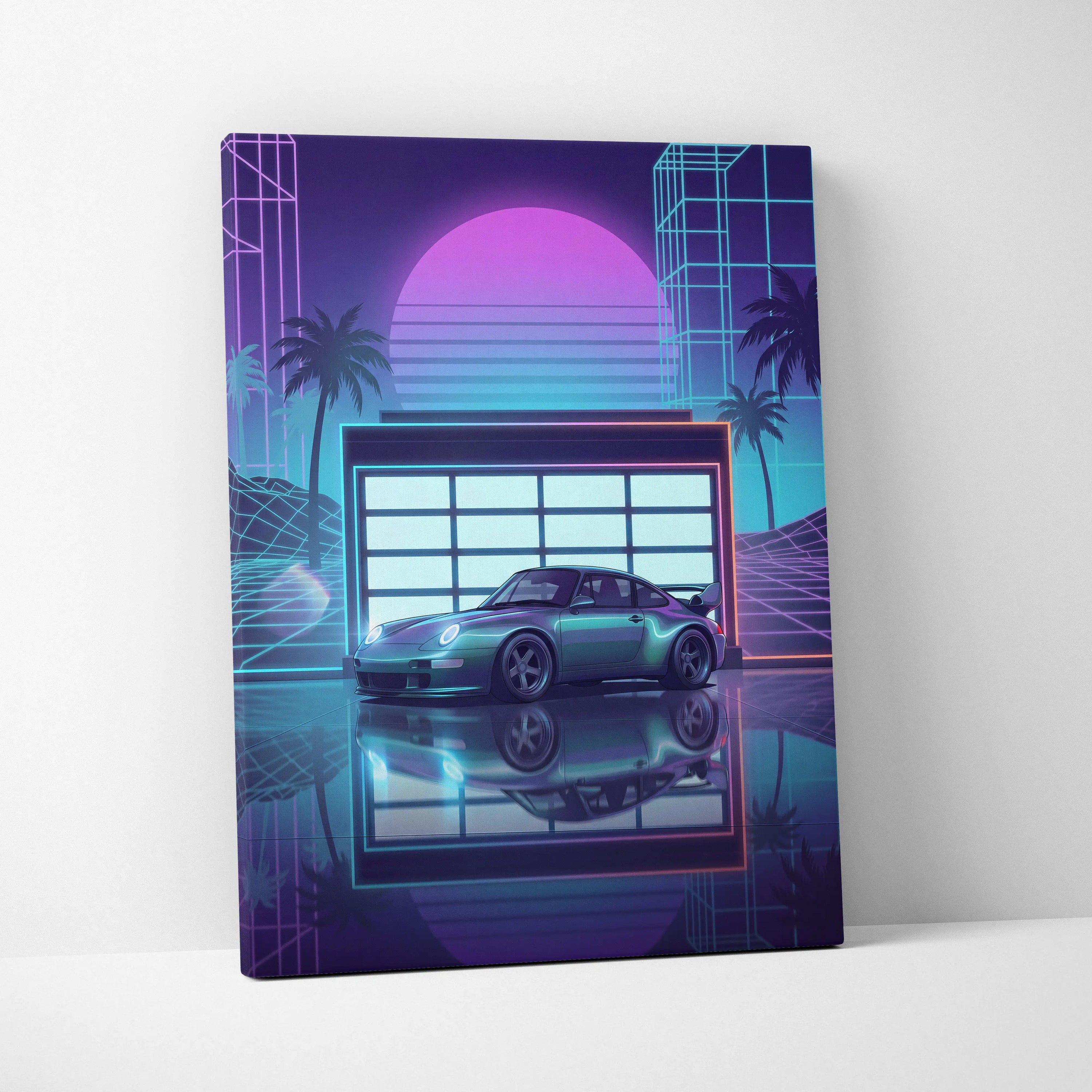 Porsche 911 GT2 Classic Inspired Silver Purple Canvas Wall Art Vaporwave Neon Garage Sports Car Artwork, Retro Palm Sunset Decor