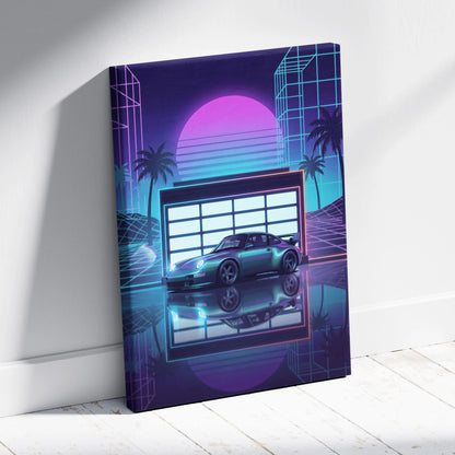 Porsche 911 GT2 Classic Inspired Silver Purple Canvas Wall Art Vaporwave Neon Garage Sports Car Artwork, Retro Palm Sunset Decor