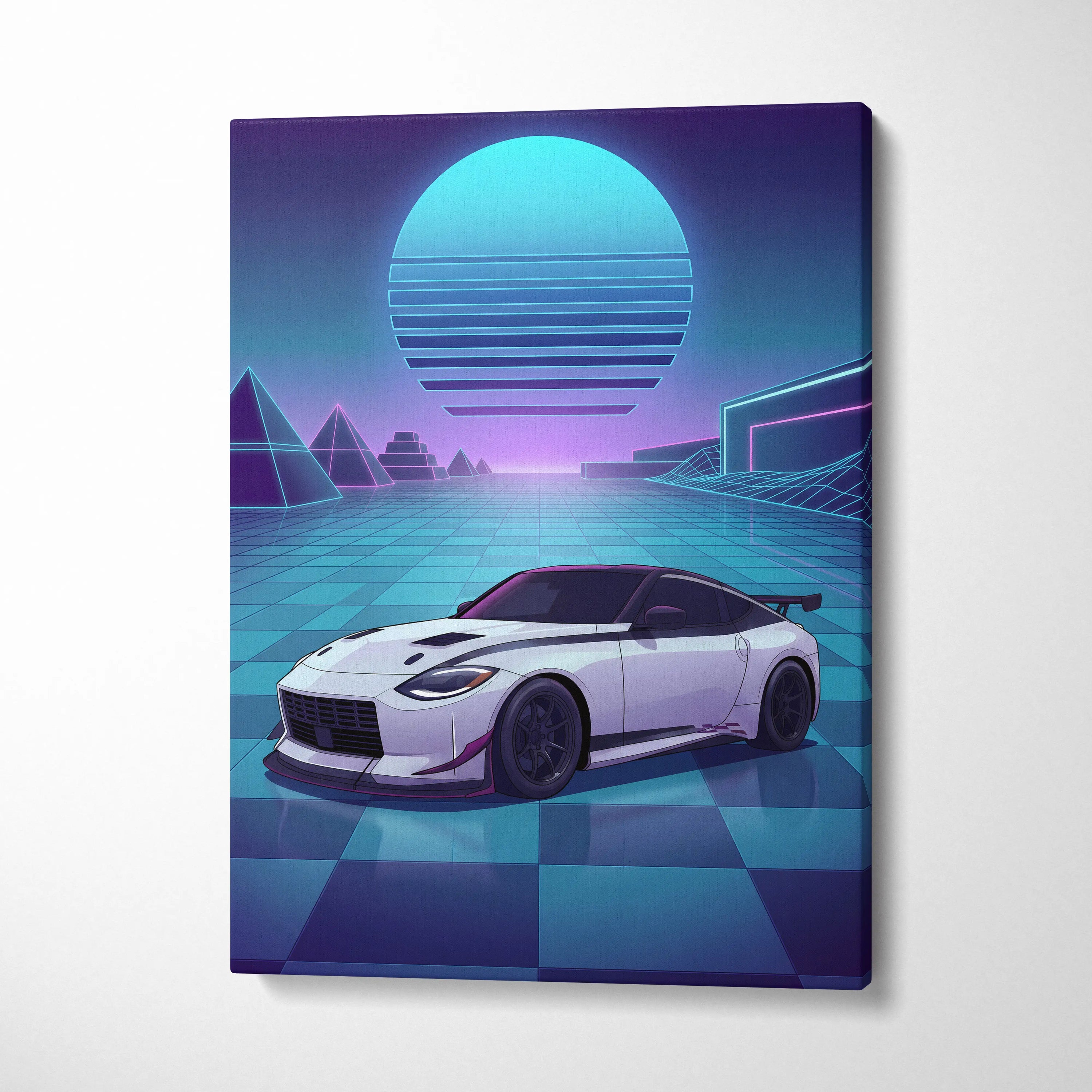 Nissan Z Inspired White Blue Canvas Wall Art Vaporwave Neon Grid JDM Sports Car Artwork, Retro Futuristic Garage Decor