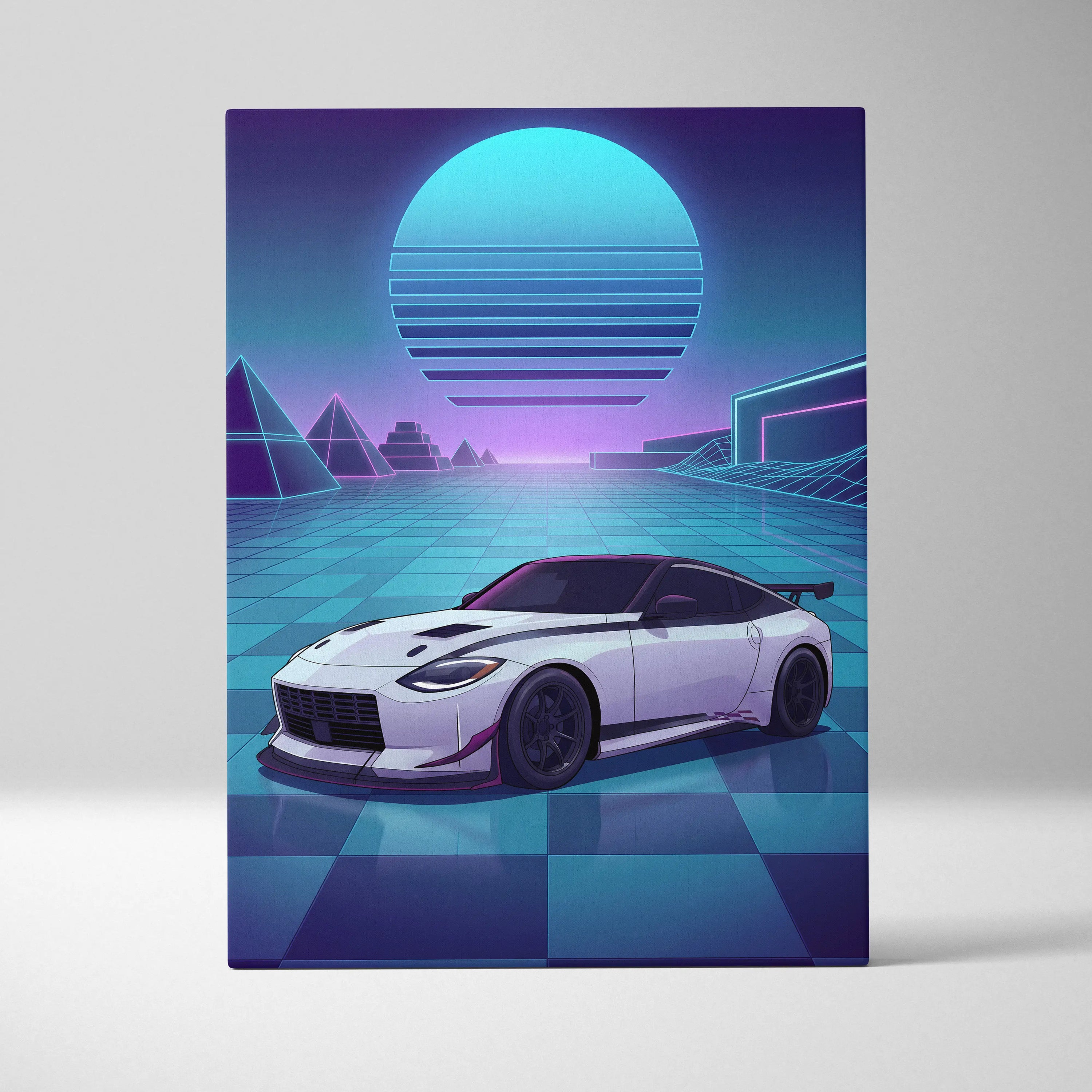 Nissan Z Inspired White Blue Canvas Wall Art Vaporwave Neon Grid JDM Sports Car Artwork, Retro Futuristic Garage Decor