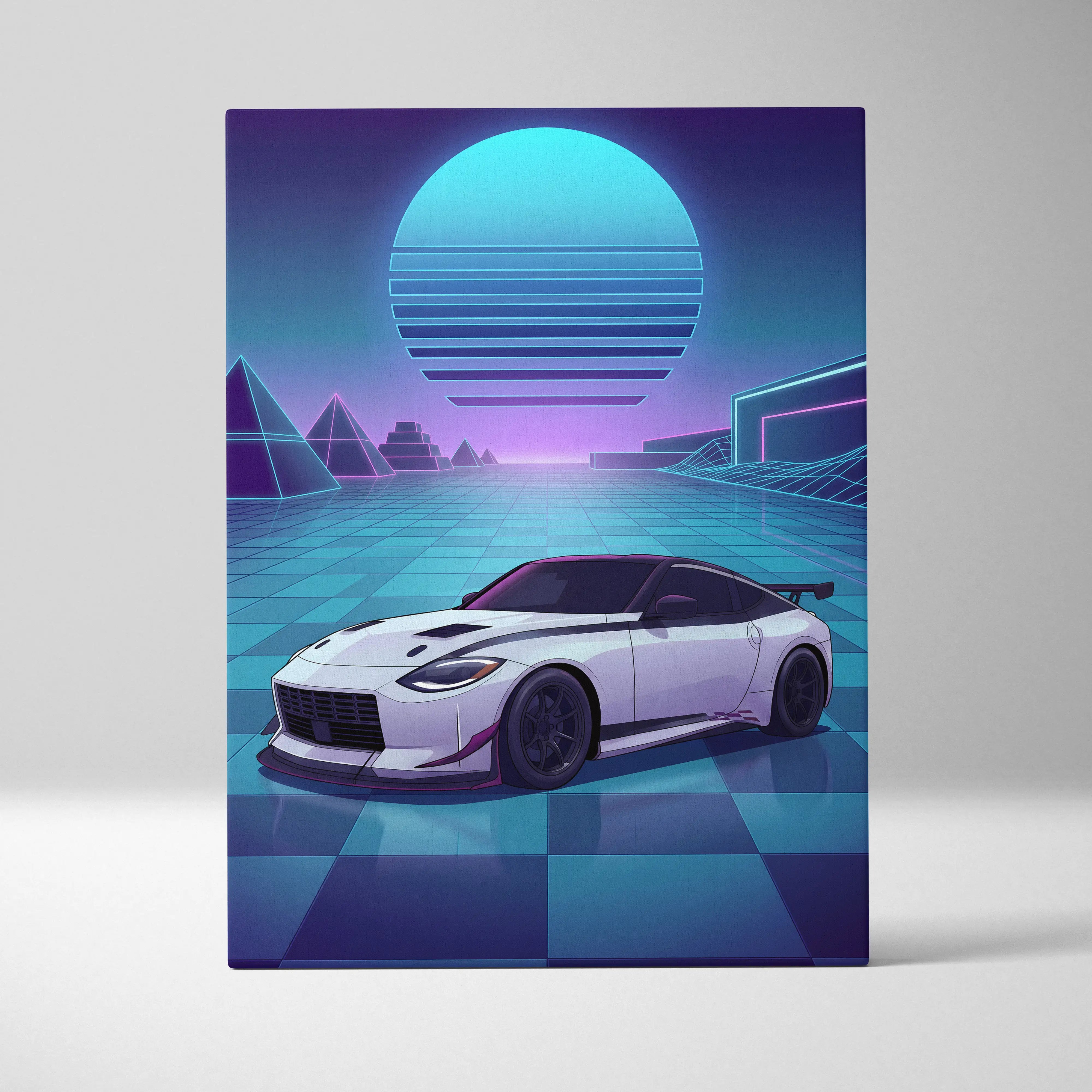 Nissan Z Inspired White Blue Canvas Wall Art Vaporwave Neon Grid JDM Sports Car Artwork, Retro Futuristic Garage Decor
