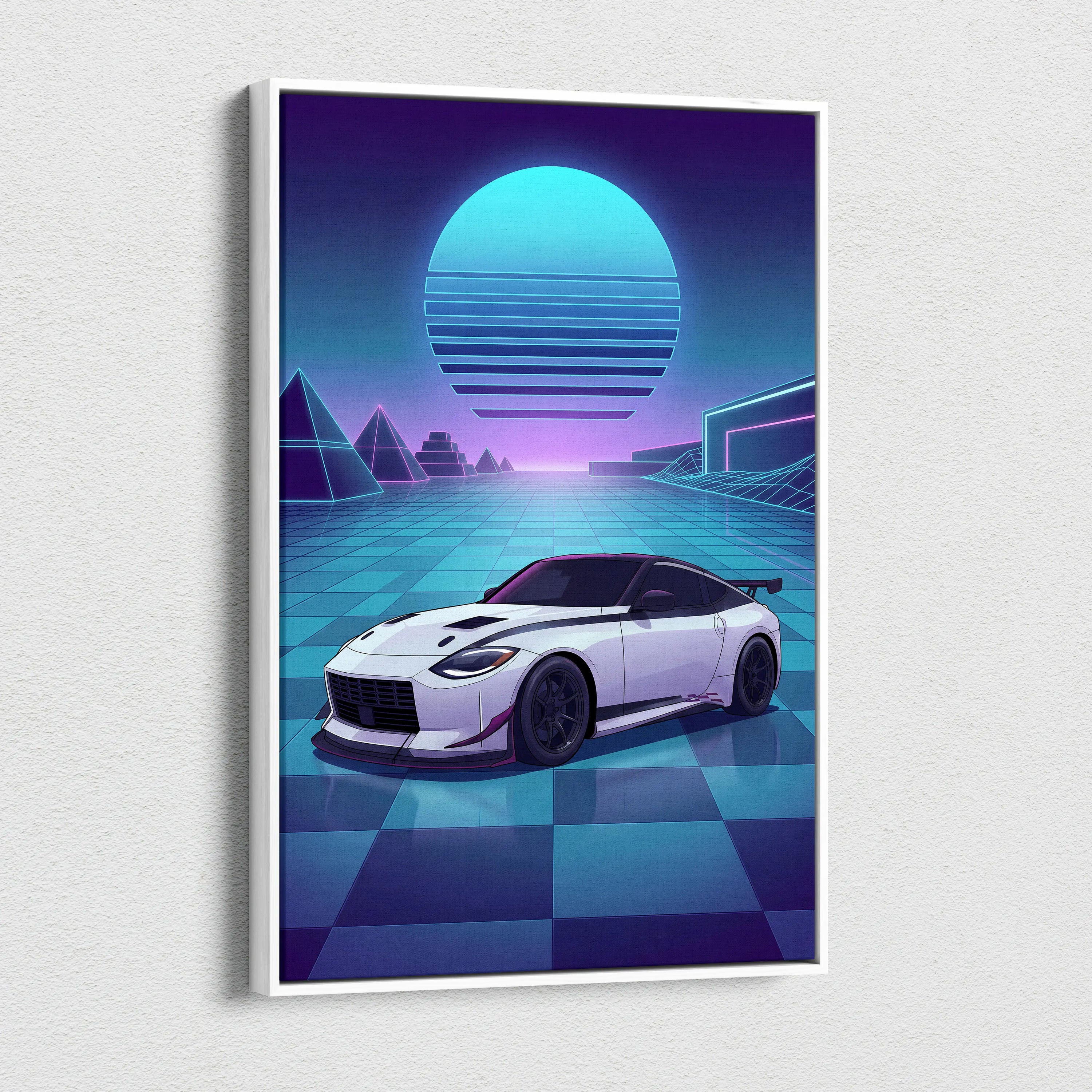 Nissan Z Inspired White Blue Canvas Wall Art Vaporwave Neon Grid JDM Sports Car Artwork, Retro Futuristic Garage Decor